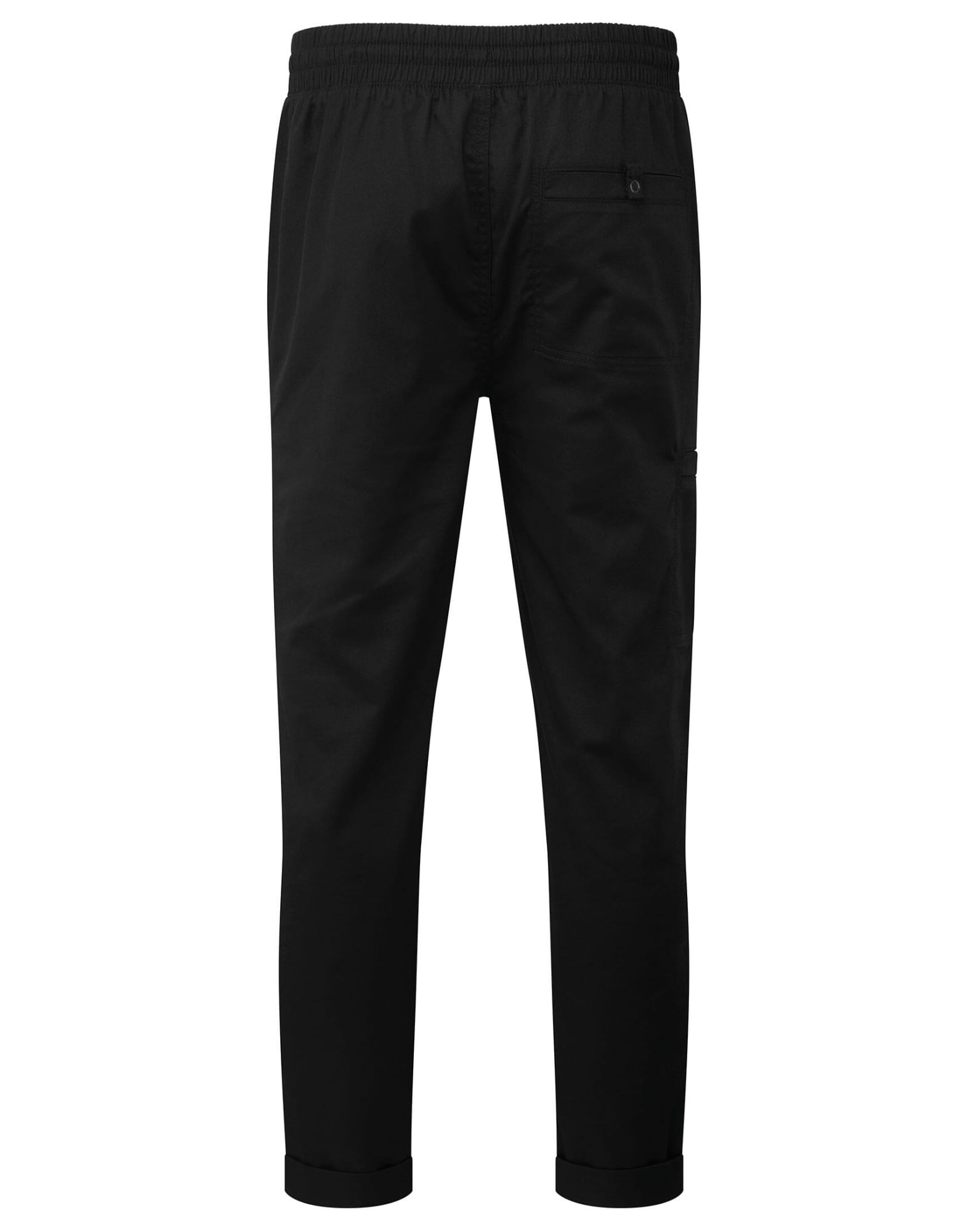 A pair of black cargo trousers with an elastic waistband and side pockets, featuring a logo. Chef's Recyclight Cargo Trouser - Image 1