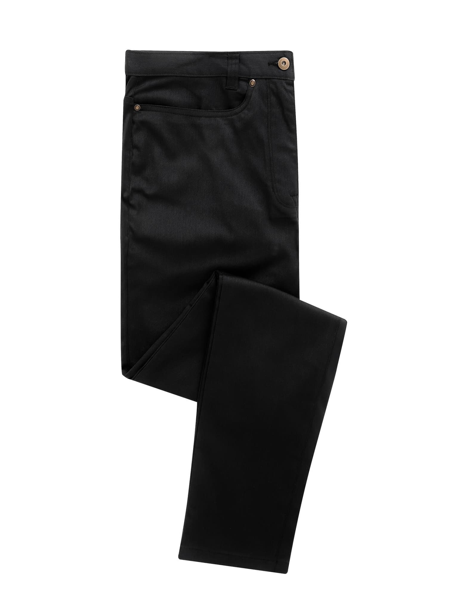 Black chino jeans laid flat, featuring a smooth finish and front pockets. The product includes a logo. Performance Chino Jeans - Image 1