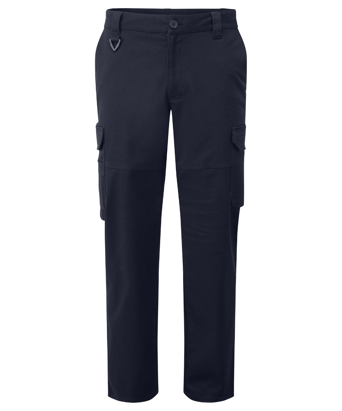 Navy cargo trousers featuring multiple pockets and a logo. Designed for work and utility. Stretchchecker Work Cargo Trousers - Image 1