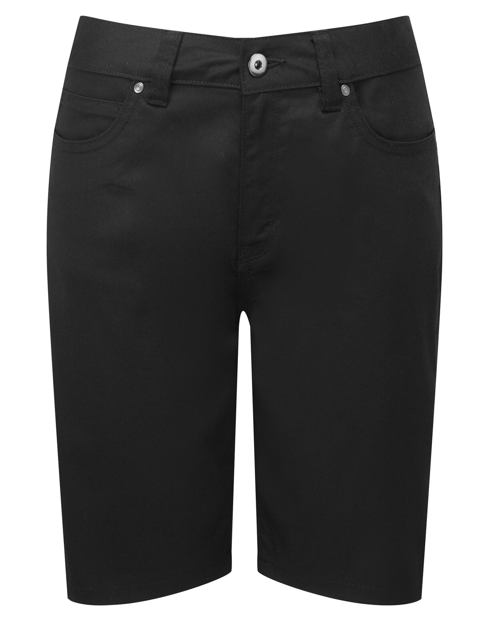 Black women's performance chino shorts with a sleek design, featuring front pockets and a button closure. Womens Performance Chino Shorts - Image 1