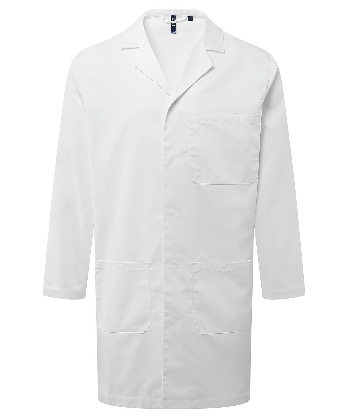 A white work coat featuring three pockets and a collar, designed for lab use. It includes a logo. Essential 3-Pocket Work Coat - Image 1