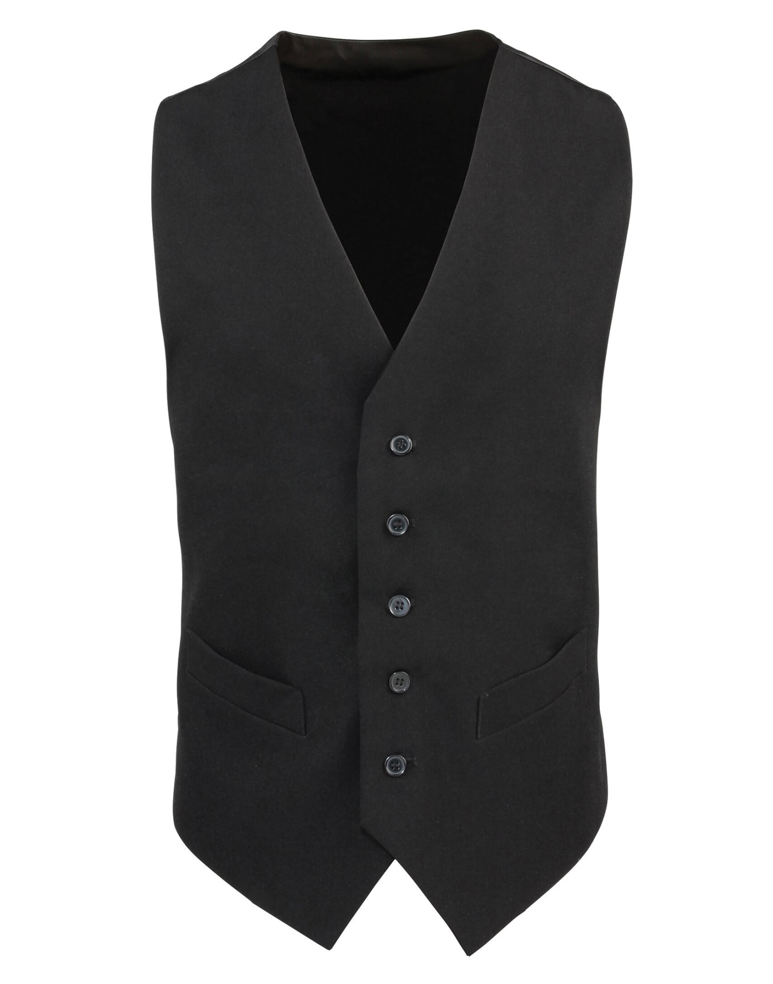 A black lined polyester waistcoat featuring a V-neck, five buttons, and two front pockets. Lined Polyester Waistcoat - Image 1