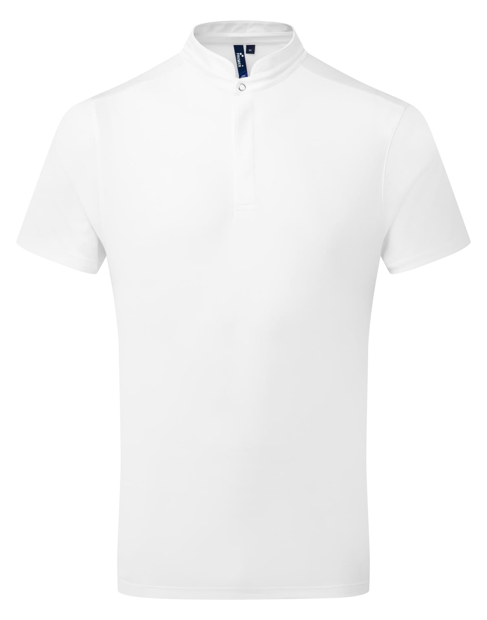 A white short-sleeved shirt with a high collar, featuring a button placket and a logo on the chest. Chef's Essential Coolchecker S-S Shirt - Image 1