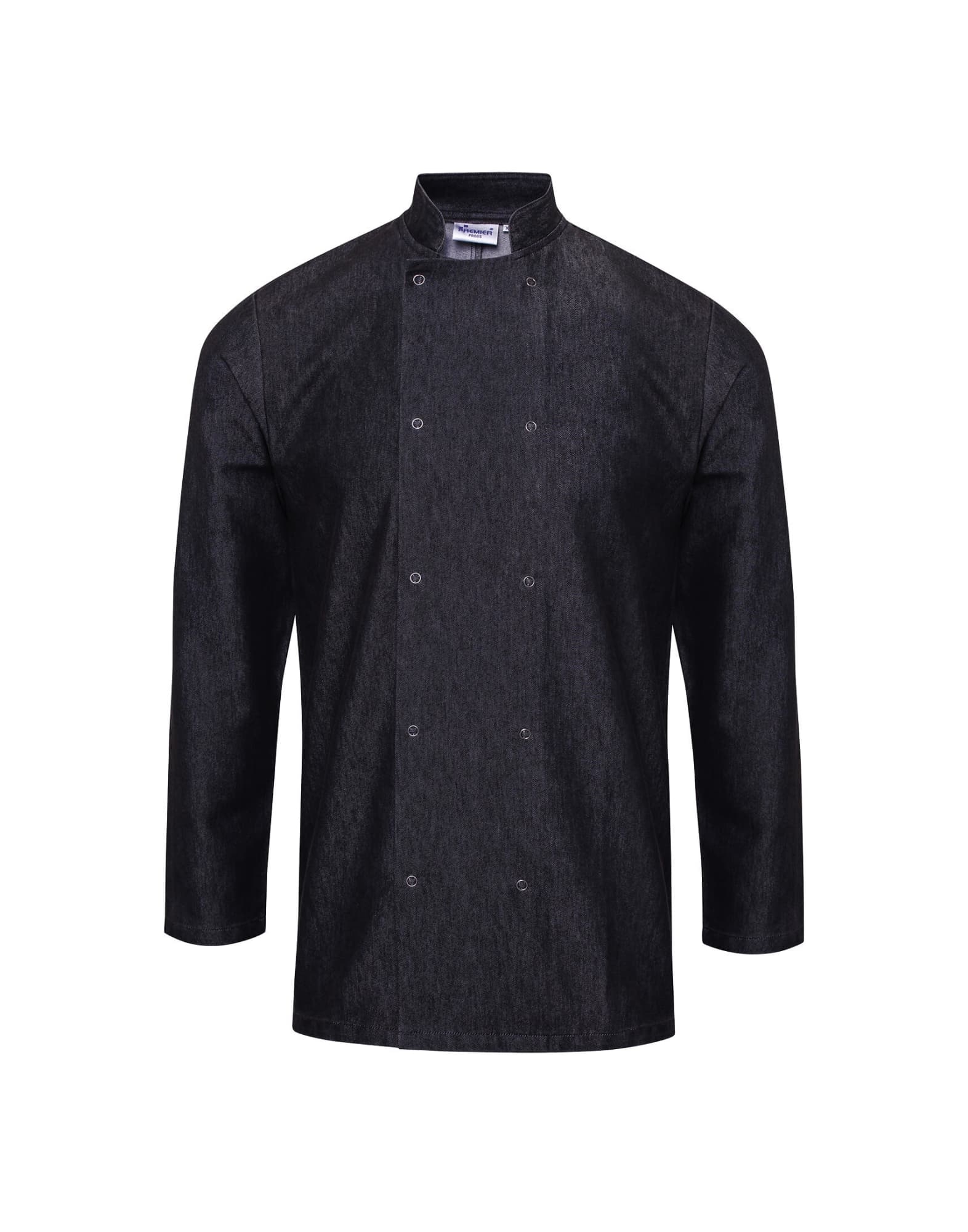 A black denim chef's jacket with long sleeves and a double-breasted front, featuring a collar and a logo. Denim Chef's Jacket - Image 1
