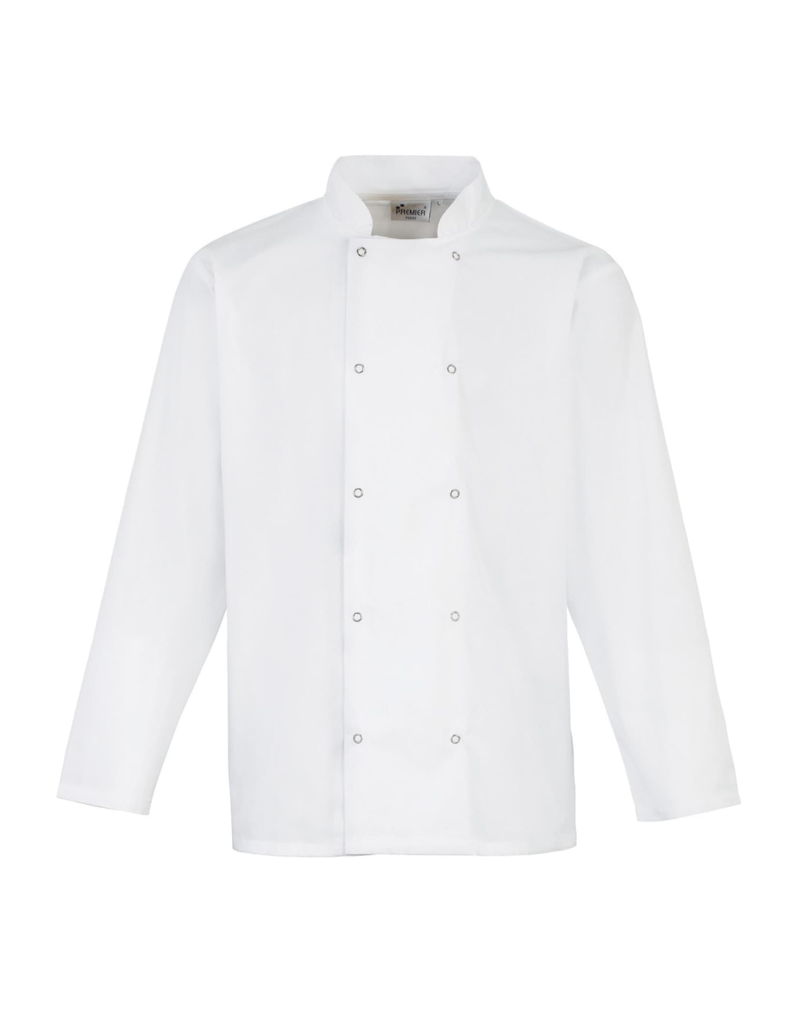 A white studded front L-S chef's jacket with long sleeves and a branded label. Studded Front L-S Chef's Jacket - Image 1