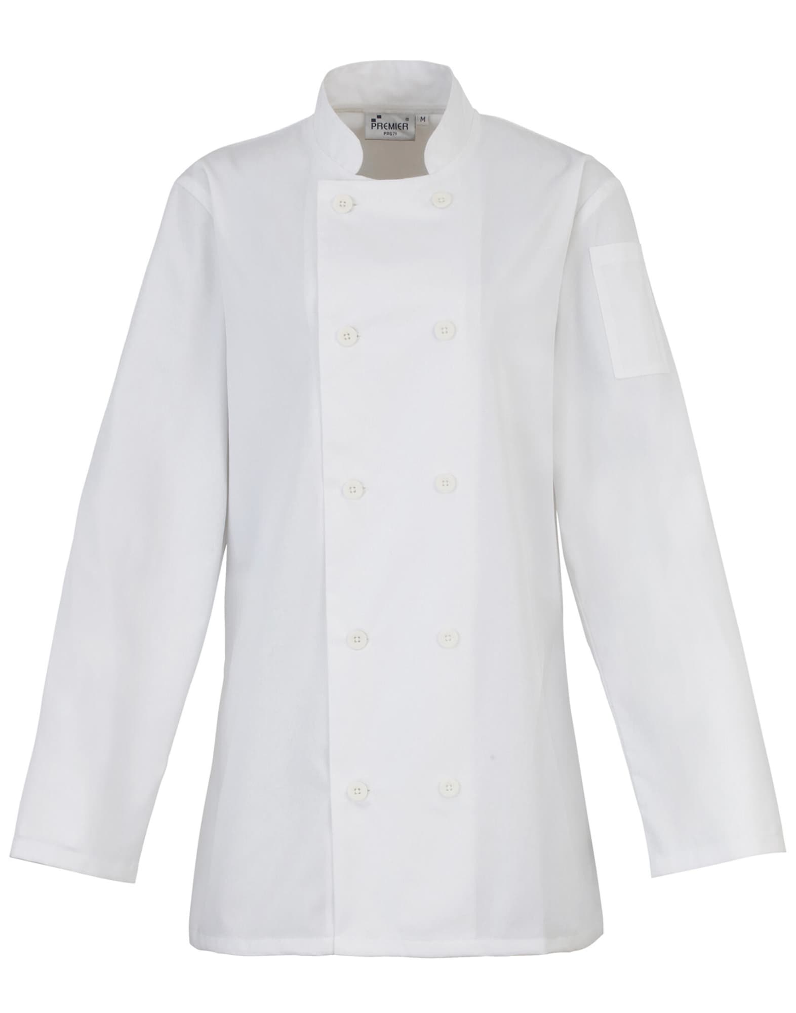 A white women's long-sleeve chef's jacket featuring a double-breasted design and a pocket on the sleeve. Womens L-S Chef's Jacket - Image 1