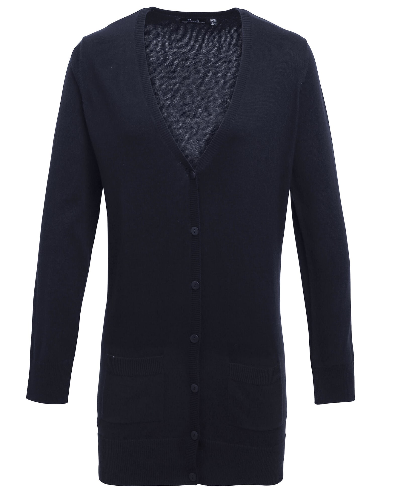 A women's longline cardigan in navy blue, featuring a V-neck, button front, and front pockets. Womens Longline Cardigan - Image 1