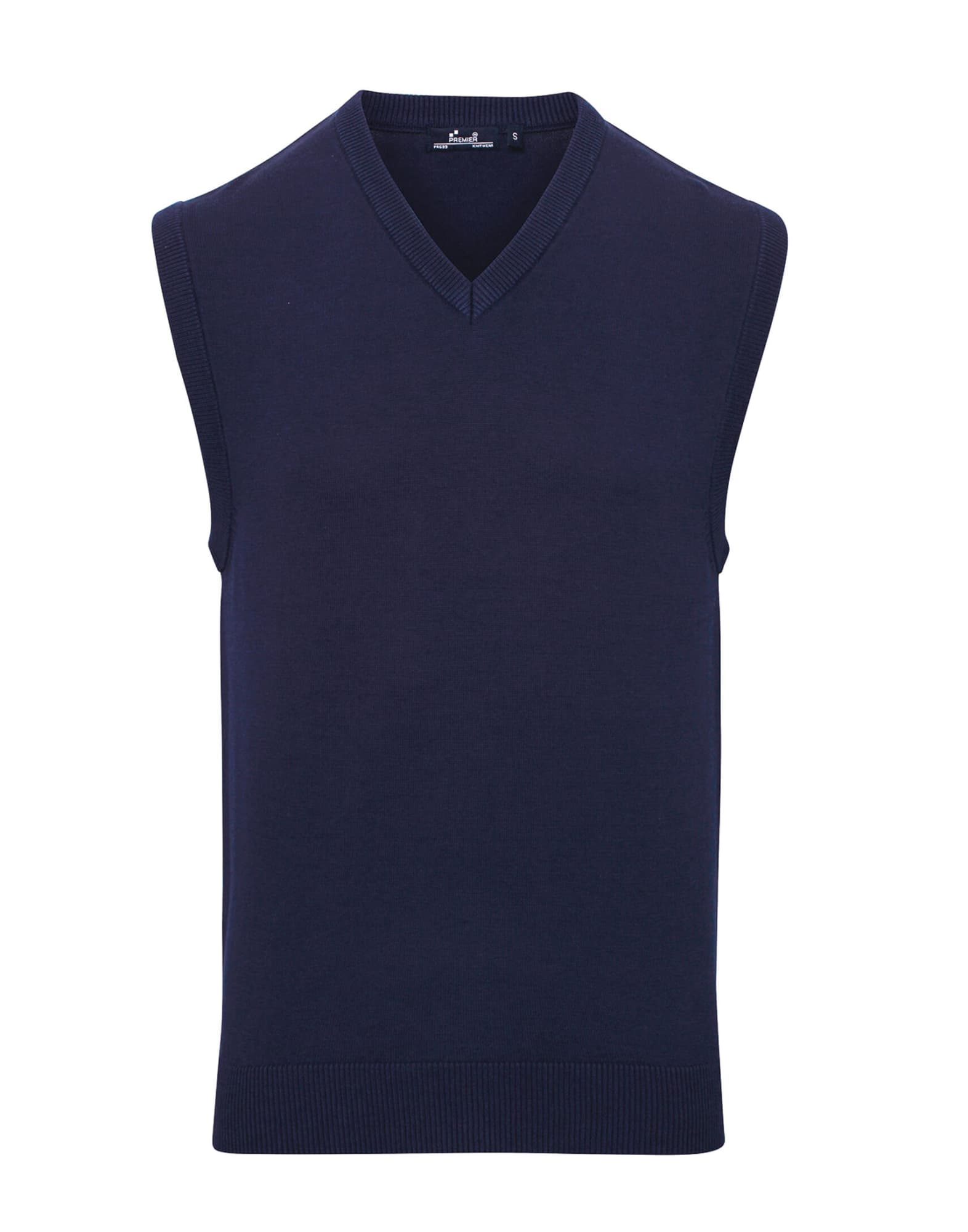 A sleeveless vest in navy blue with a V-neck design and a ribbed hem. It features a logo on the inside. Sleeveless Vest - Image 1