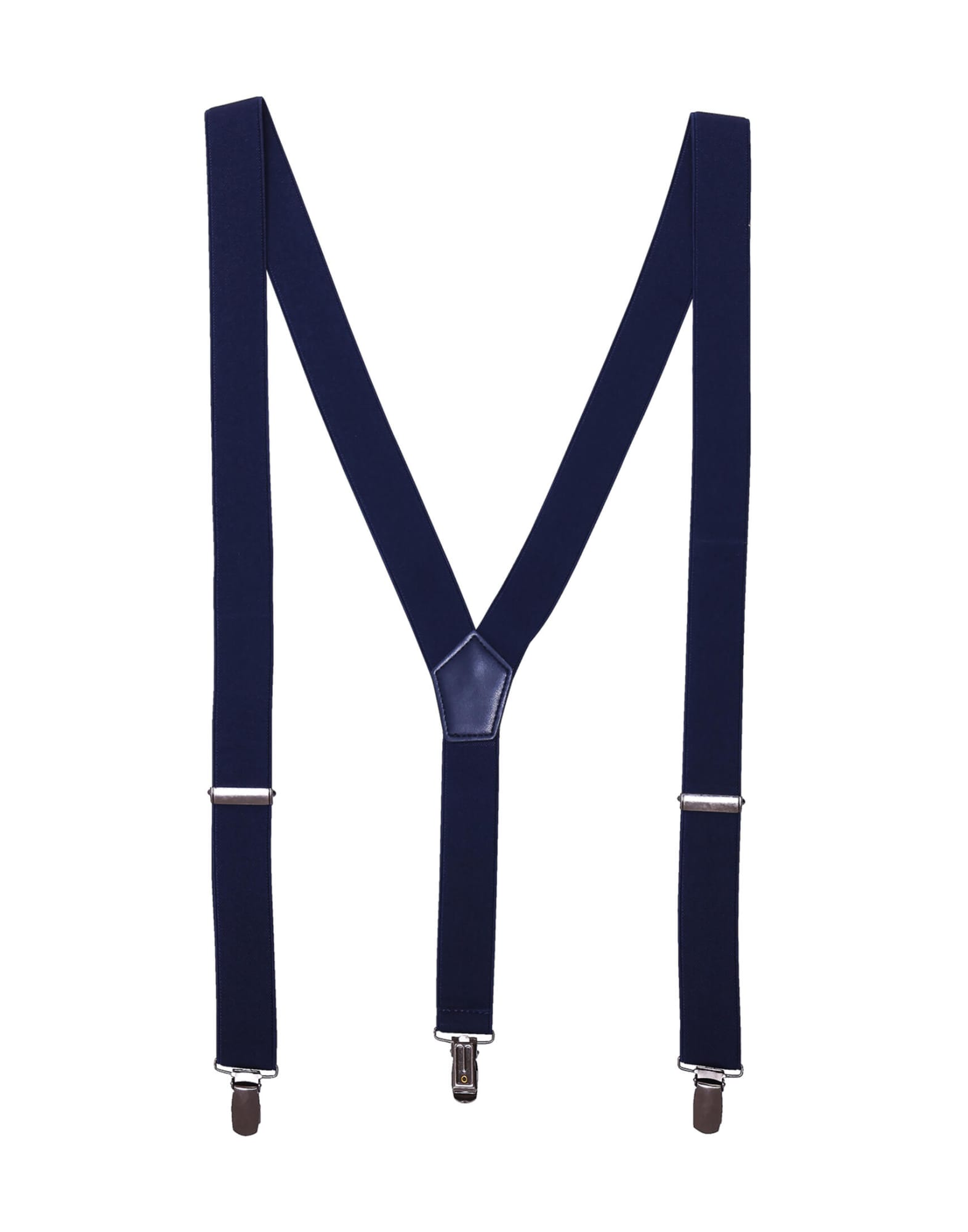Navy blue clip-on trouser braces with silver clips for fastening. Features a central leather connector. Clip-On Trouser Braces - Image 1