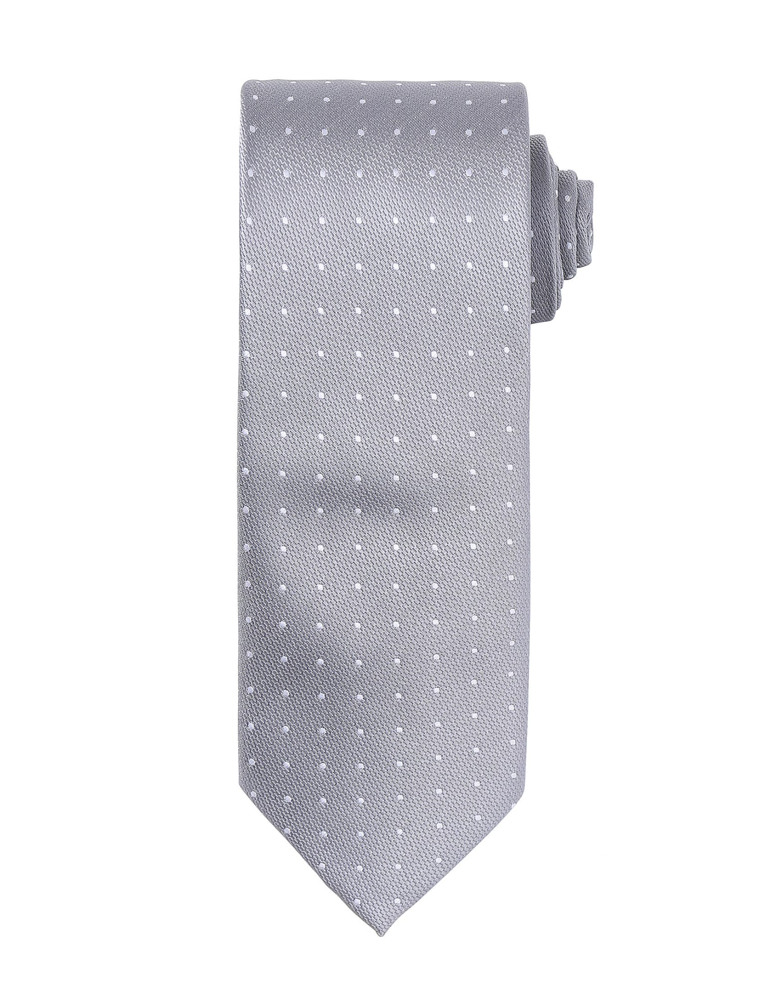 A grey tie with a micro dot pattern, featuring a pointed end and a rolled tie design, complete with a logo. Micro Dot Tie - Image 1