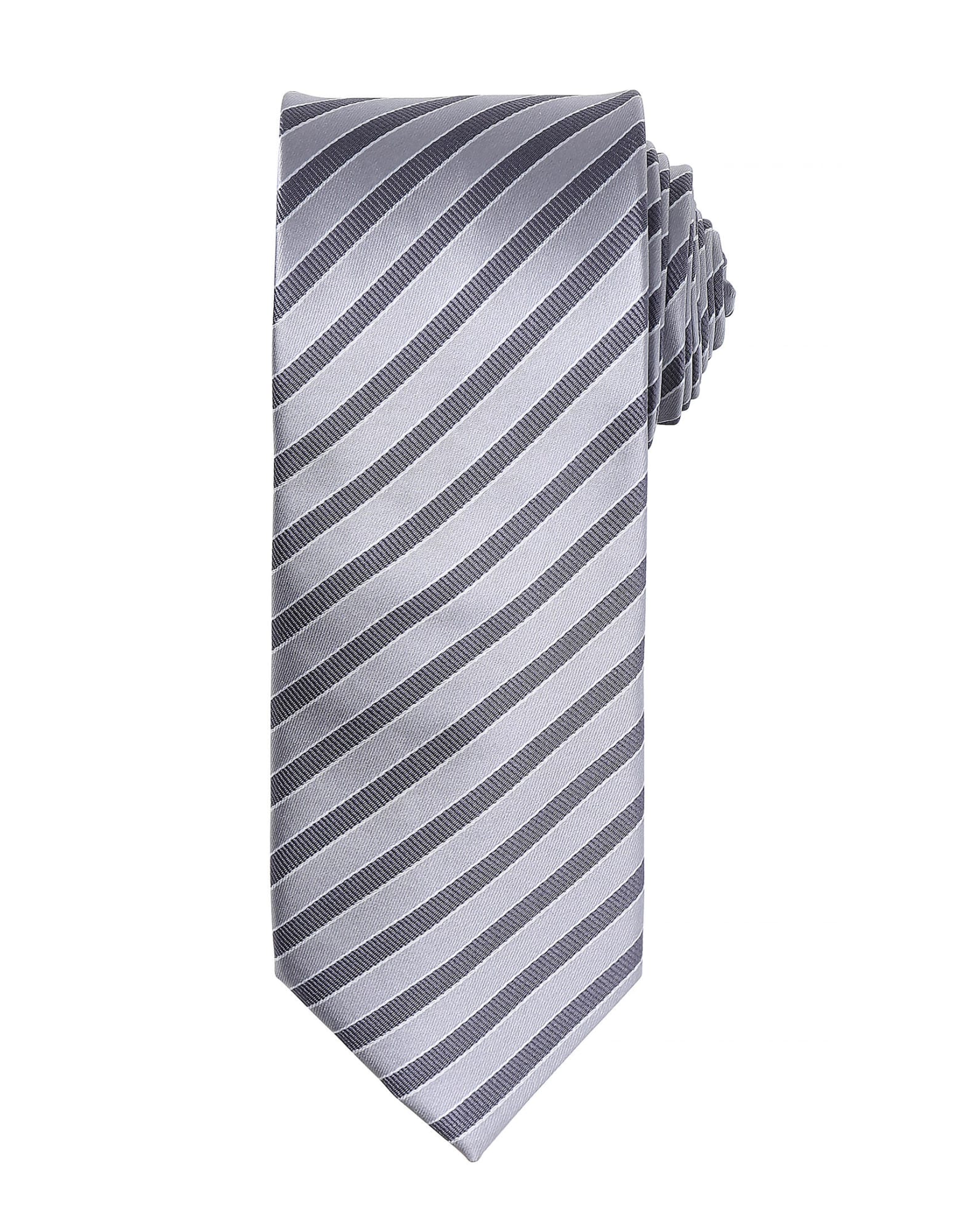 A grey tie featuring a double stripe pattern and a textured design. Includes branding on the label. Double Stripe Tie - Image 1