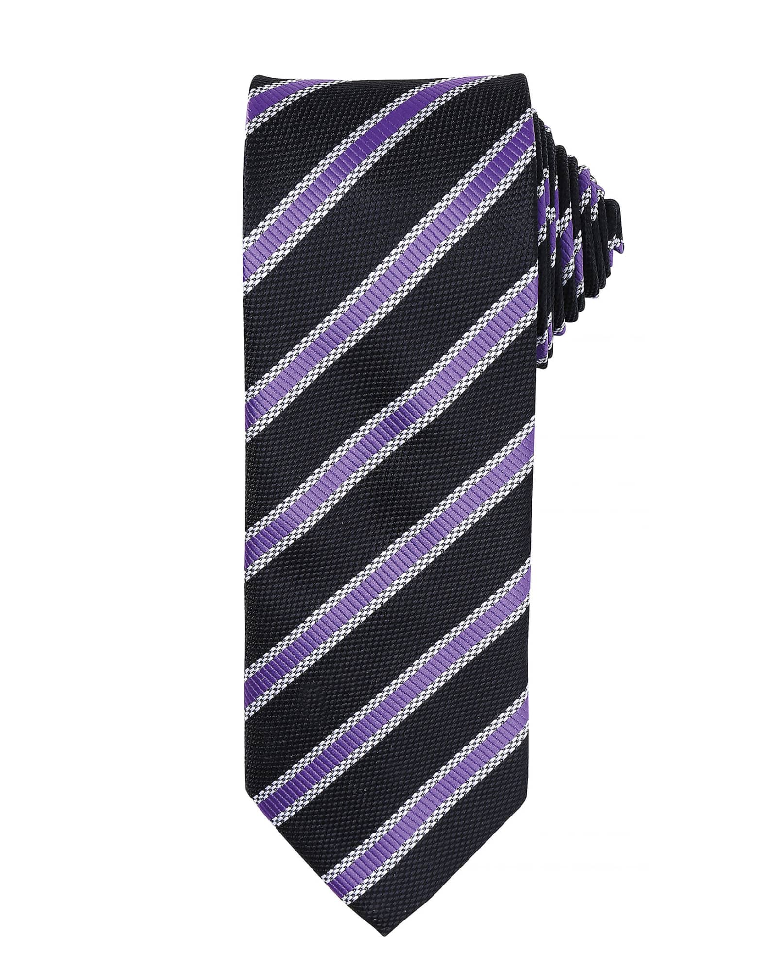 A Waffle Stripe Tie in black with purple and silver stripes, featuring a rolled tie design. It has a logo. Waffle Stripe Tie - Image 1