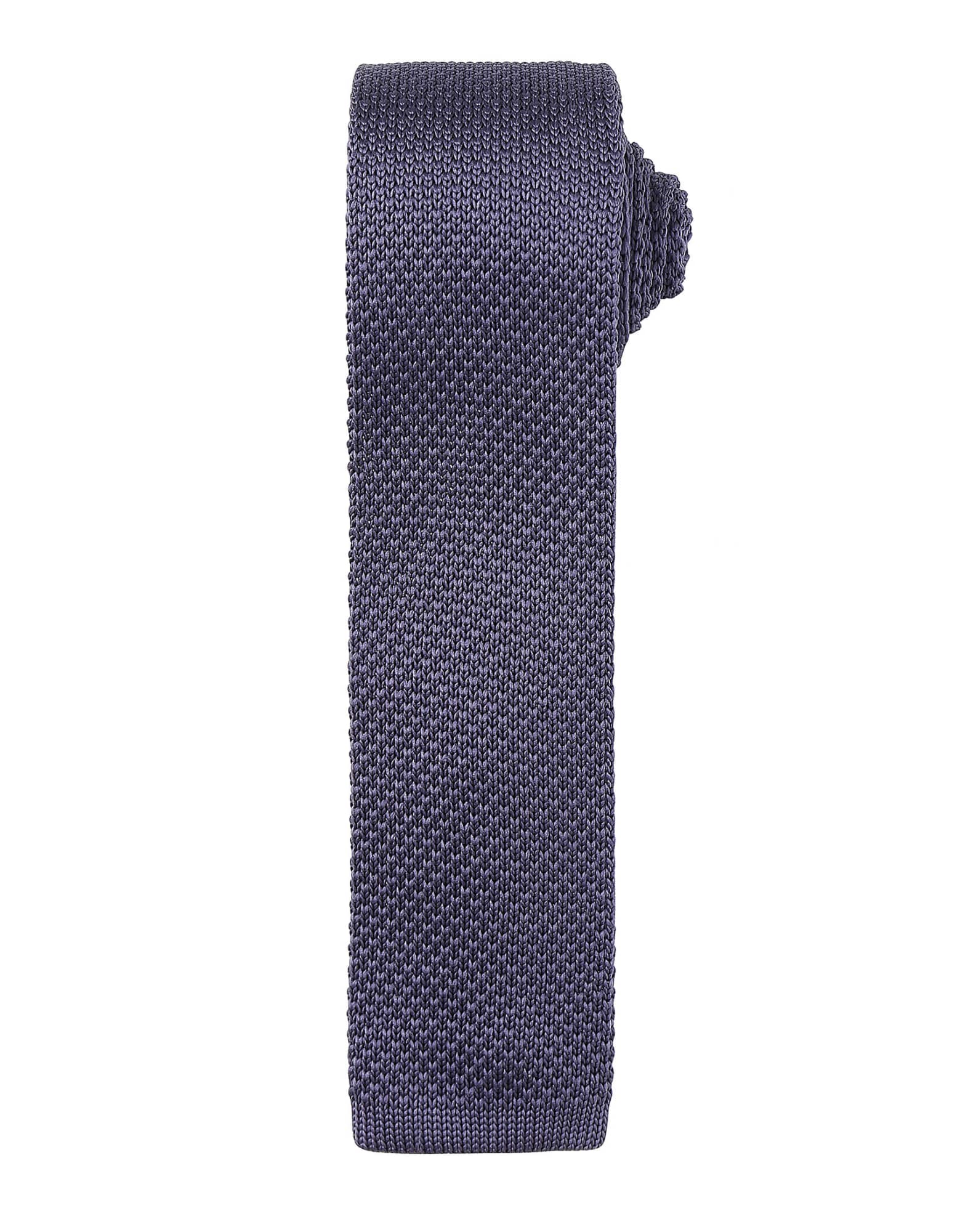 A slim knitted tie in a dark navy colour with a textured pattern, featuring a branding logo. Slim Knitted Tie - Image 1