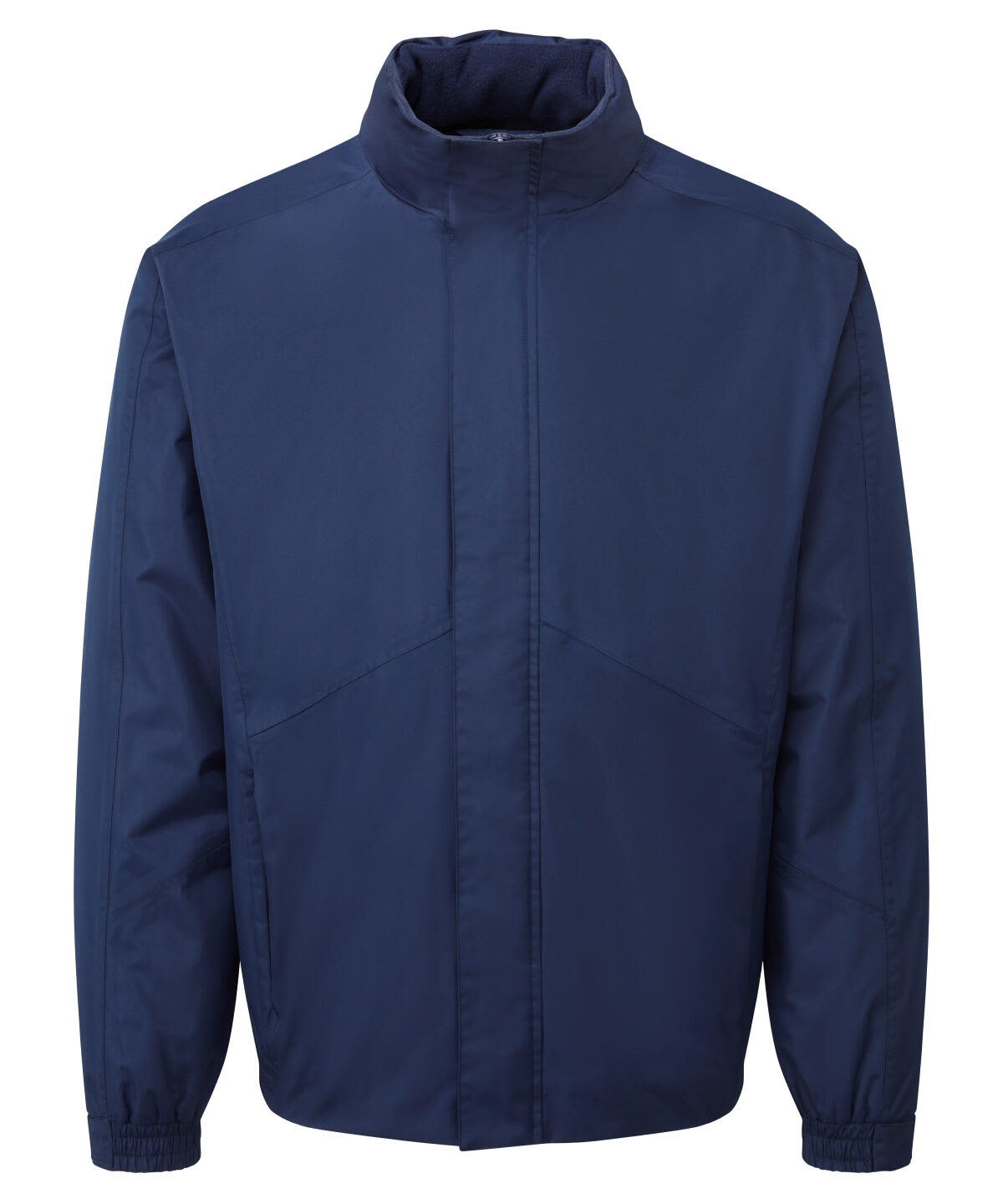 A navy waterproof jacket featuring a high collar and long sleeves, with a logo present. Suitable for rainy conditions. Selsey Hydrochecker Waterproof Jacket - Image 1