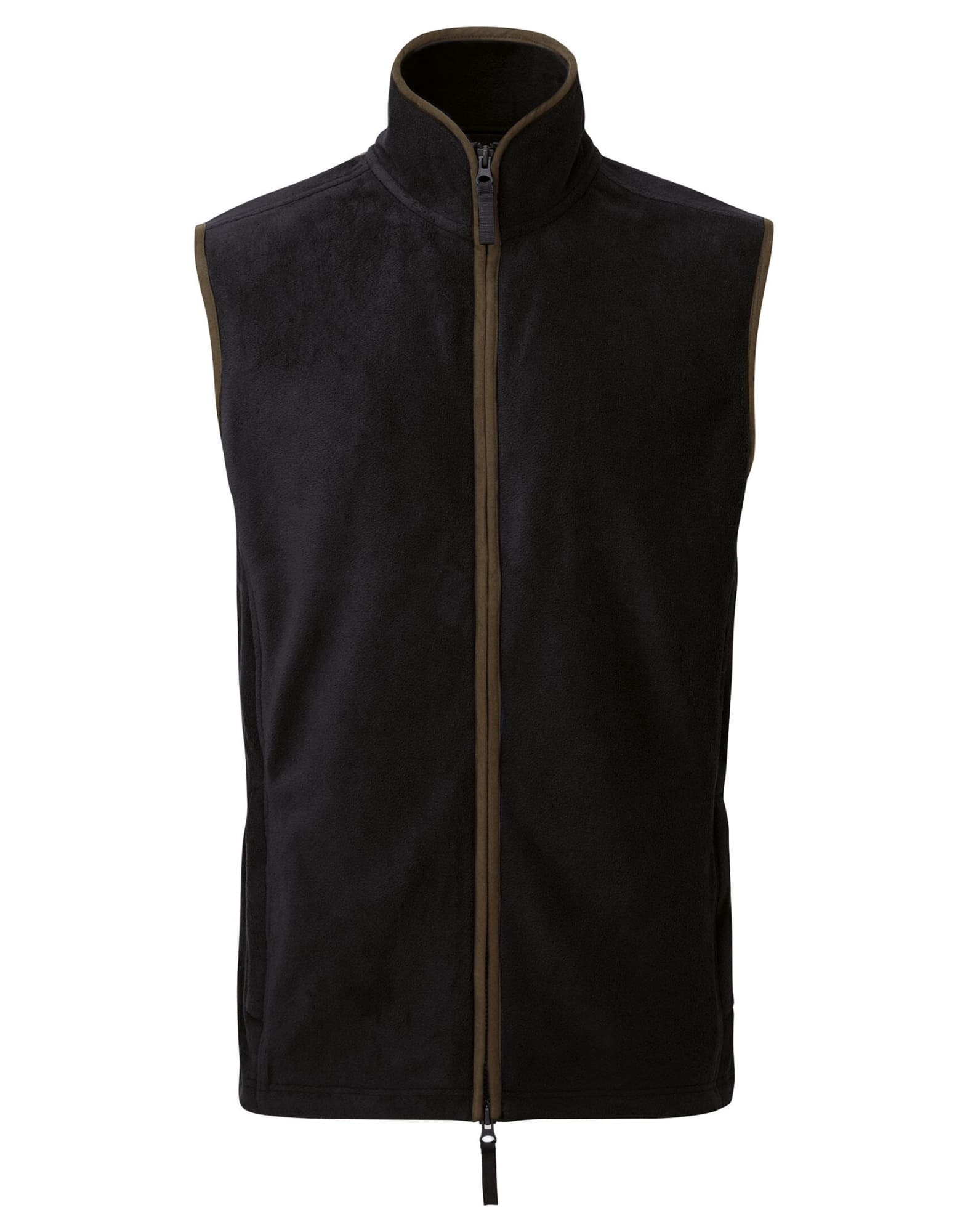 A black fleece vest featuring a zip front and high collar, designed for warmth and comfort. It has a logo on it. Artisan Fleece Vest - Image 1