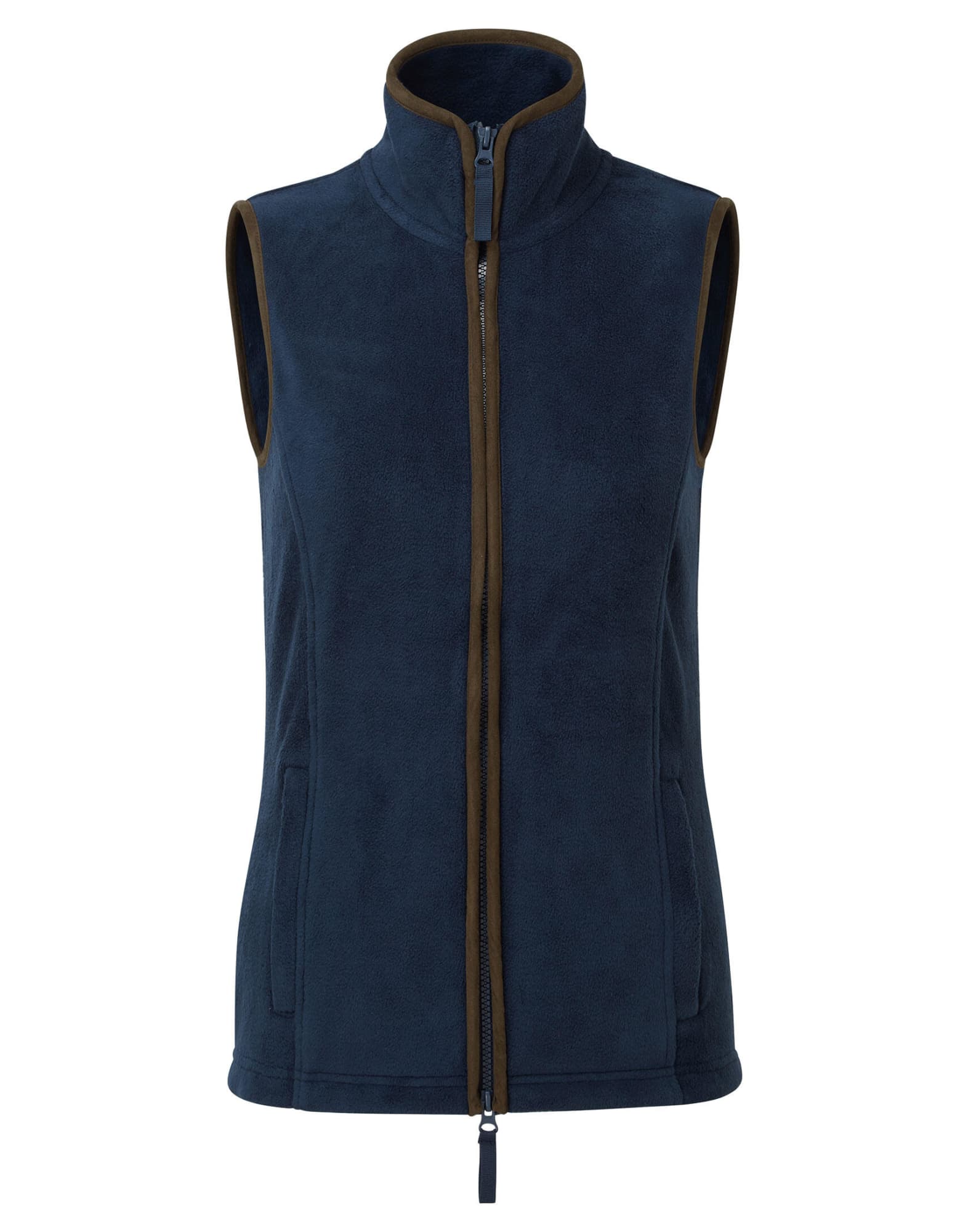 A women's fleece vest in navy blue with a zip front and a contrasting trim, featuring two side pockets. Womens Artisan Fleece Vest - Image 1