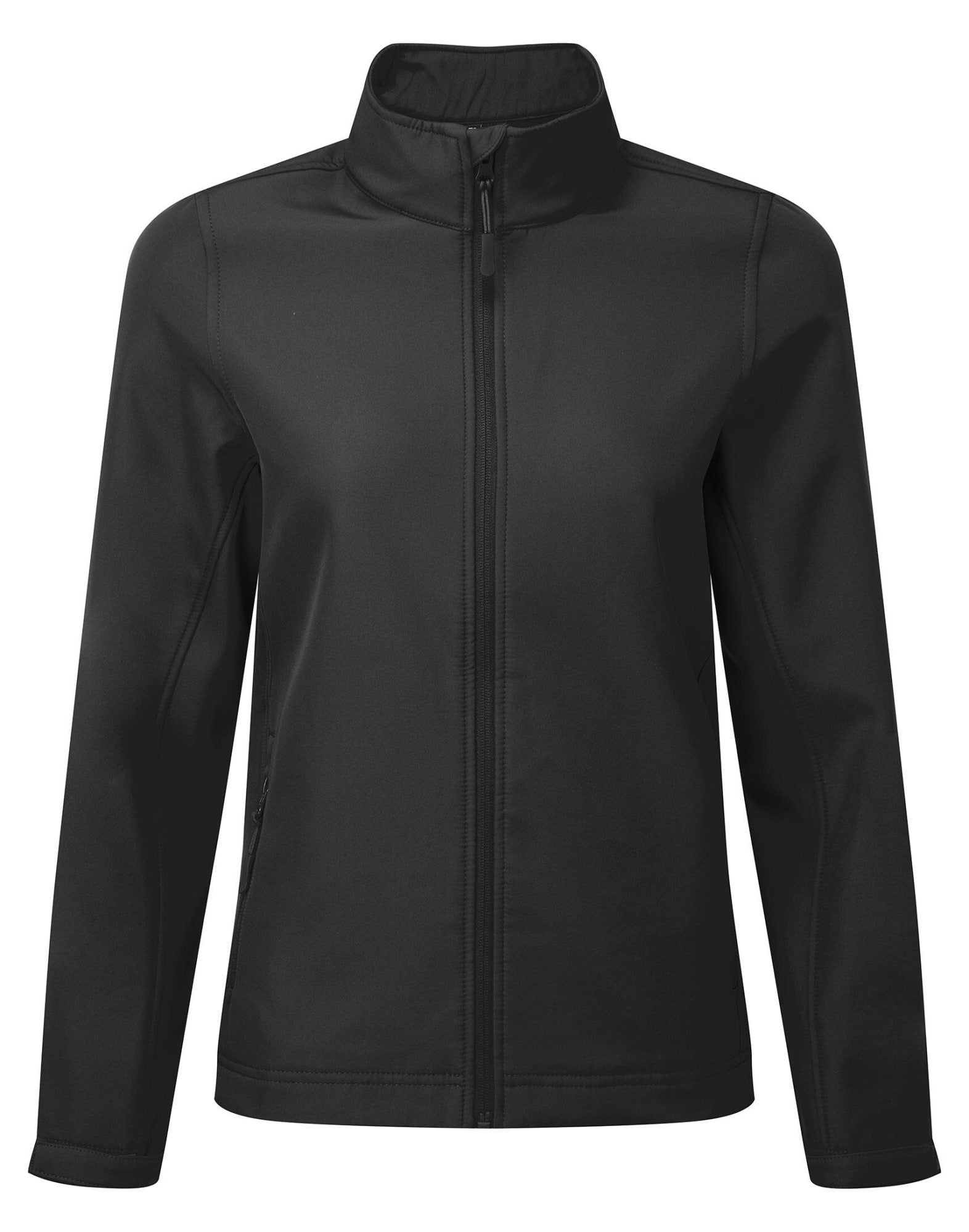 A women's black softshell jacket with a zip front and a high collar, featuring side pockets and a logo. Womens Windchecker Softshell Jacket - Image 1