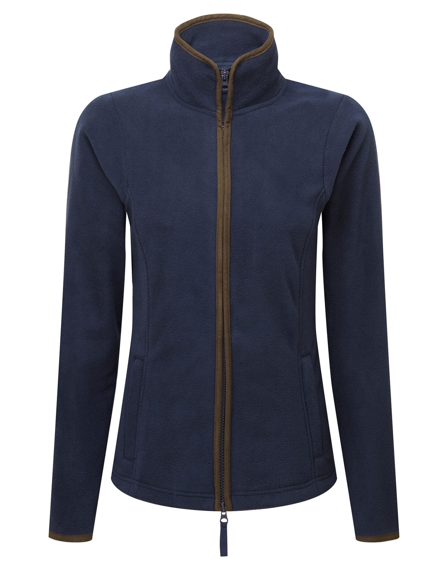 A women's navy polar fleece jacket with a zip front, high collar, and contrasting trim. Features pockets and a logo. Womens Artisan Fleece Jacket - Image 1
