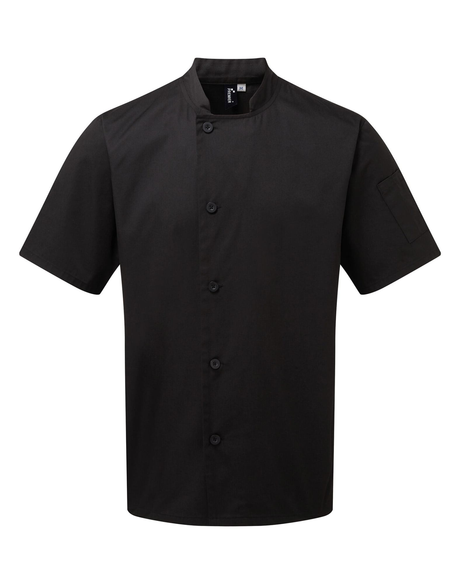 A black short-sleeve chef's jacket with a stand-up collar and button closure, featuring a pocket on the sleeve. Chef's Essential S-S Jacket - Image 1