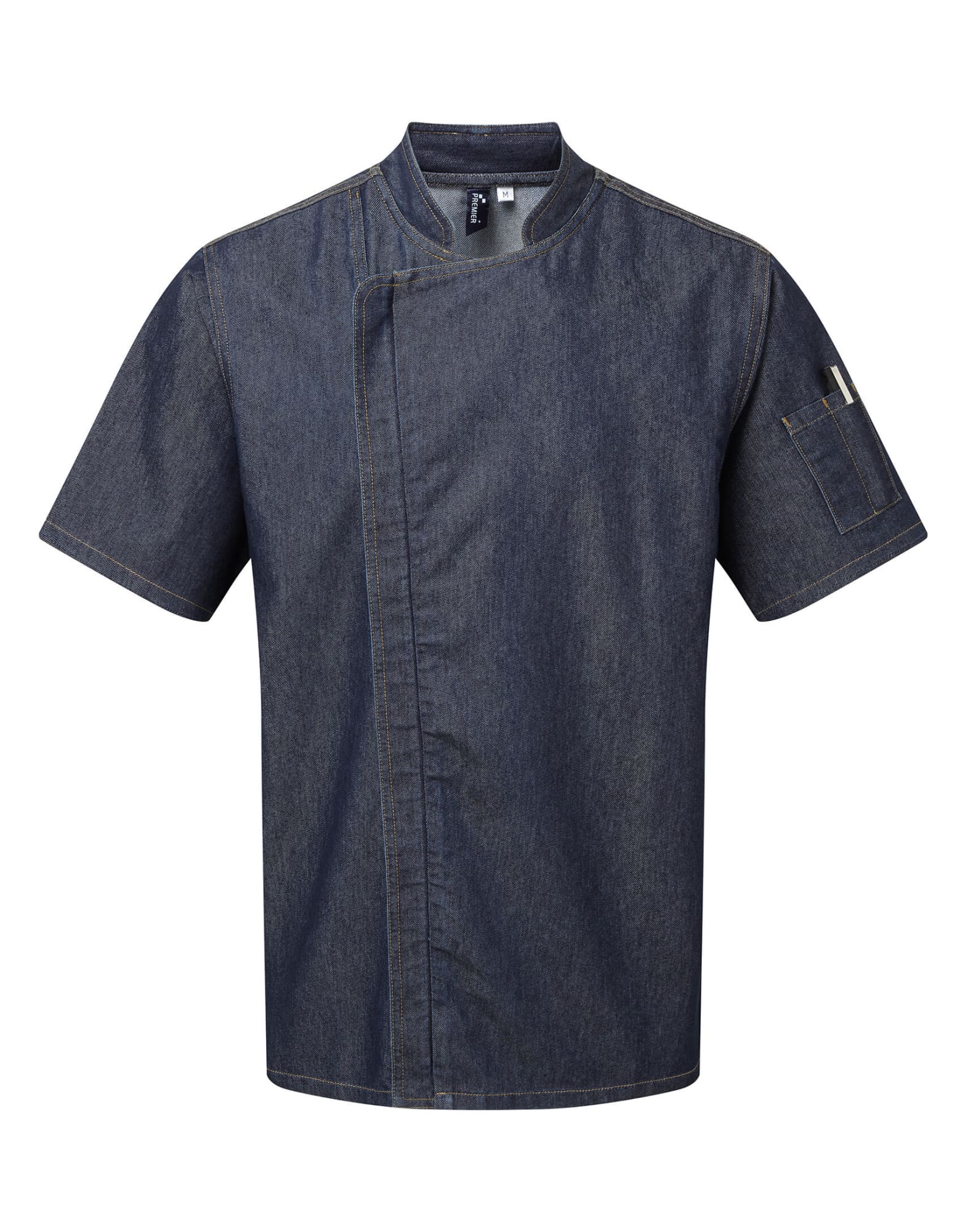 A dark blue short-sleeve chef's jacket with a pocket and a logo on the sleeve. Chef's Zip S-S Jacket - Image 1