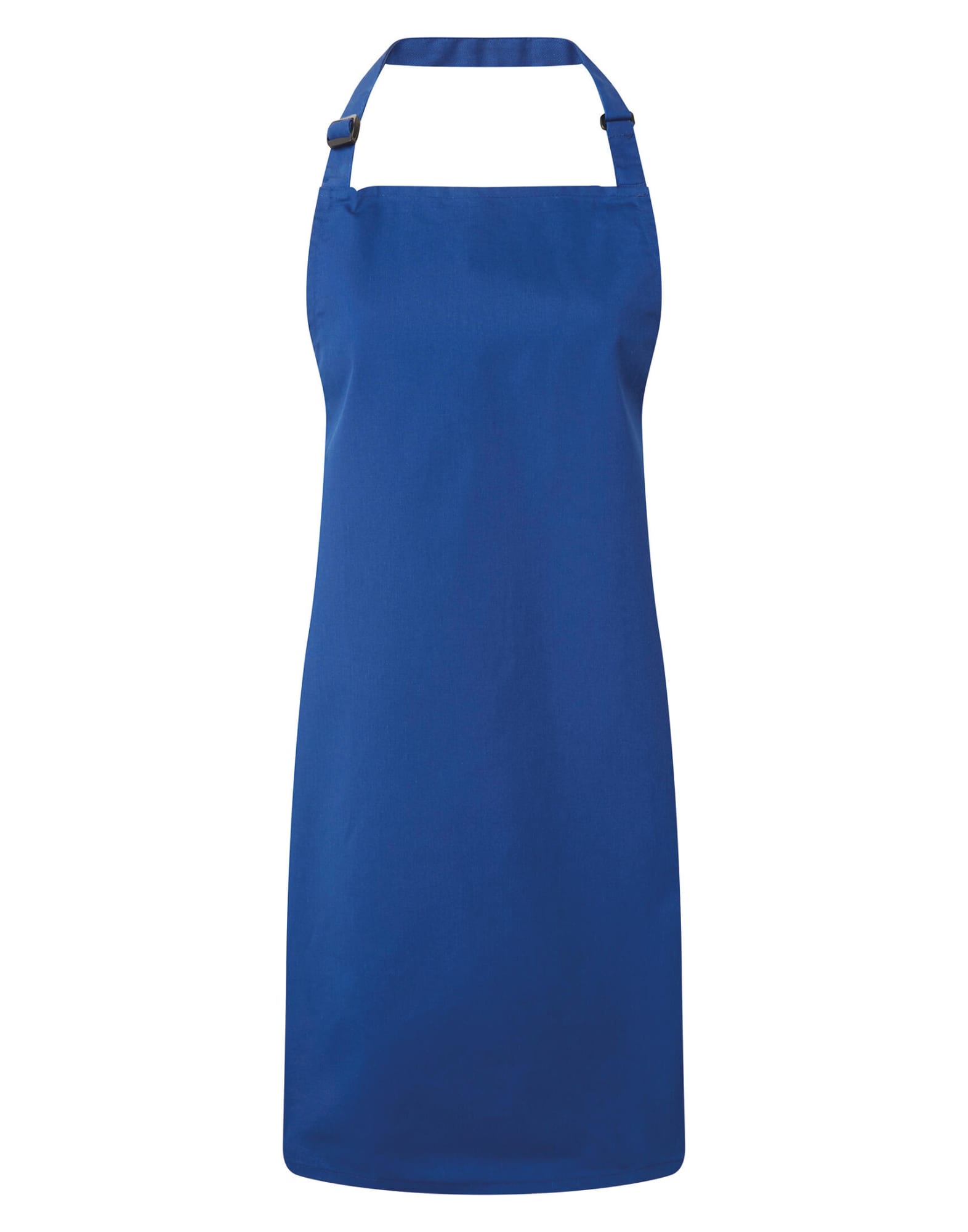 A blue antimicrobial bib apron with an adjustable neck strap and a plain design. It features a logo. Antimicrobial Bib Apron - Image 1