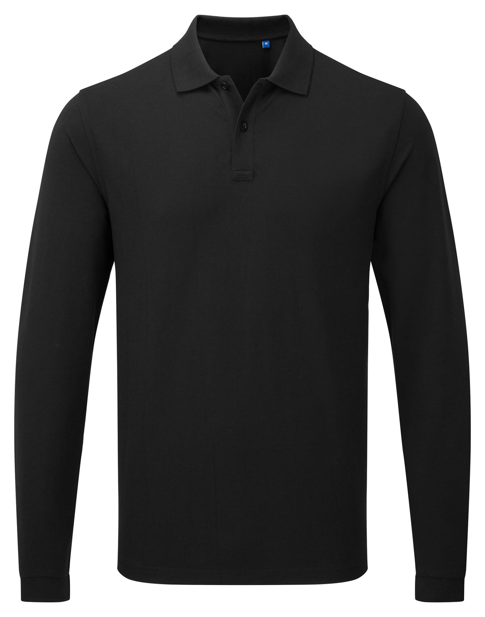 A black long-sleeve polo shirt with a collar and a logo on the chest. Essential L-S Workwear Polo Shirt - Image 1