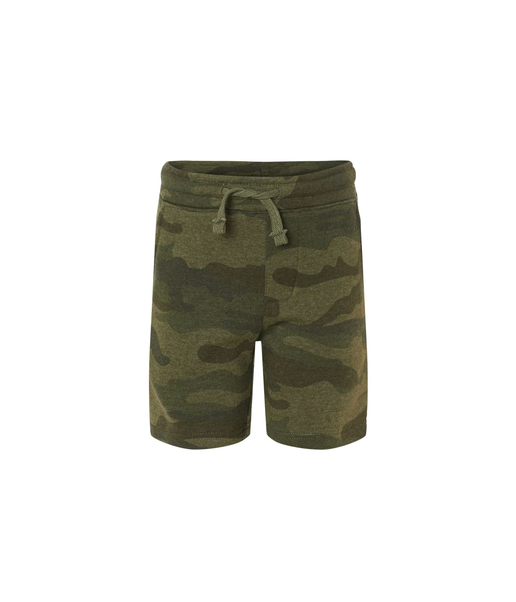 A pair of green camo sweatshorts with an elastic waistband and drawstring. Features a branding logo. Toddler Special Blend Sweatshort - Image 1