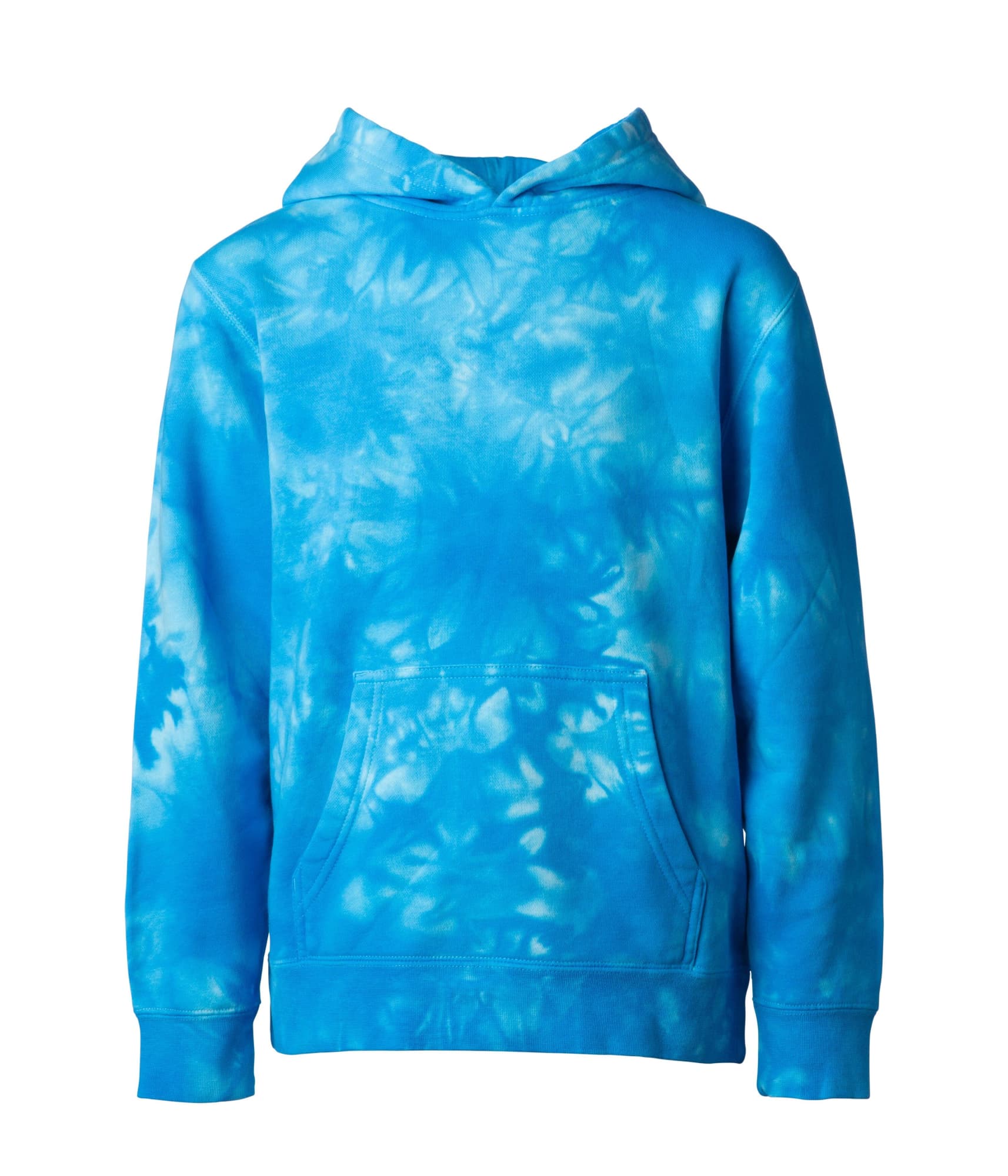 A youth pullover hoodie in blue tie-dye with a front pocket and a hood. It features a subtle, cloud-like pattern. Youth Tie Dye Pullover Hood - Image 1