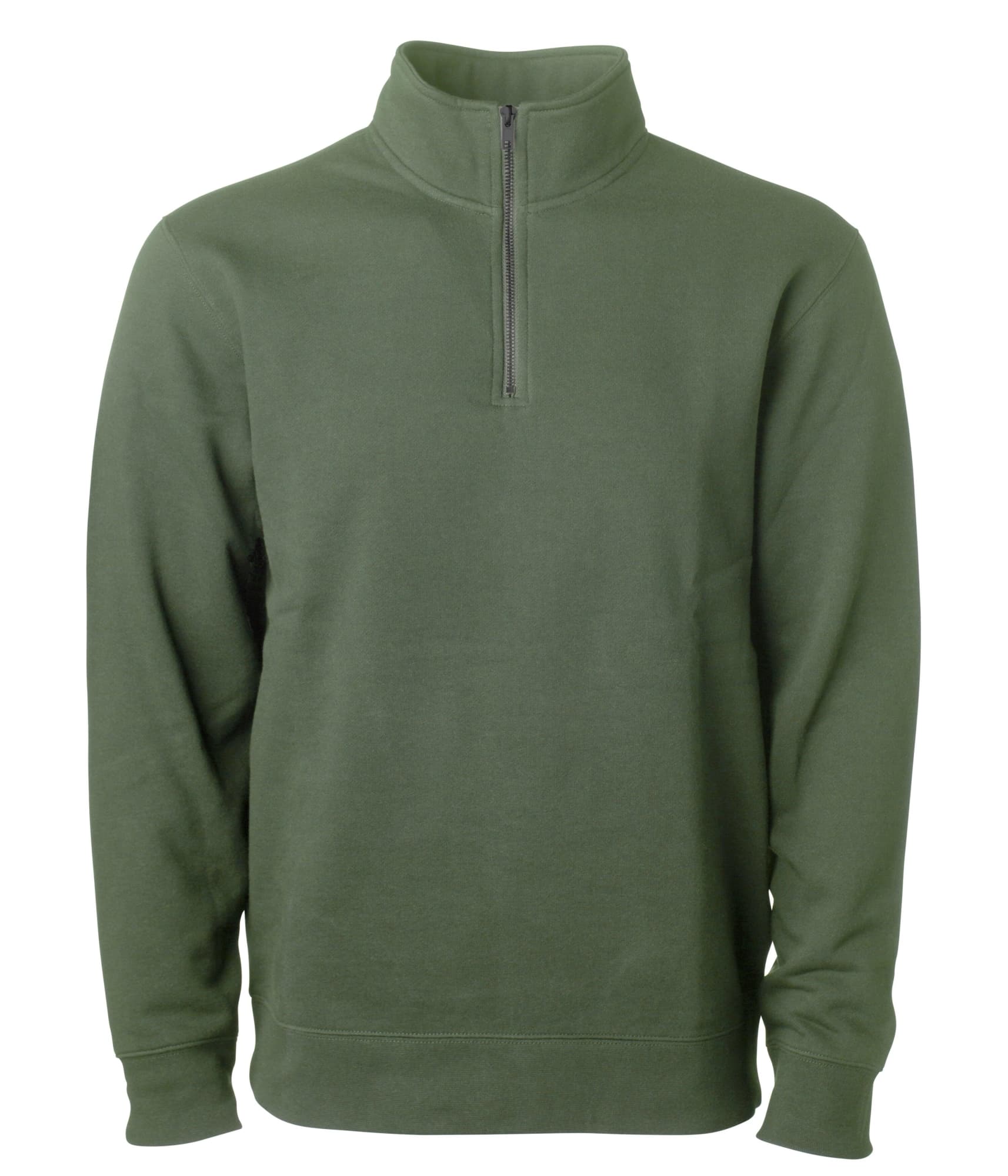 A unisex quarter zip pullover in olive green, featuring a high collar and a zip closure. It has a simple design with a logo. Unisex Pigment Dye Quarter Zip - Image 1