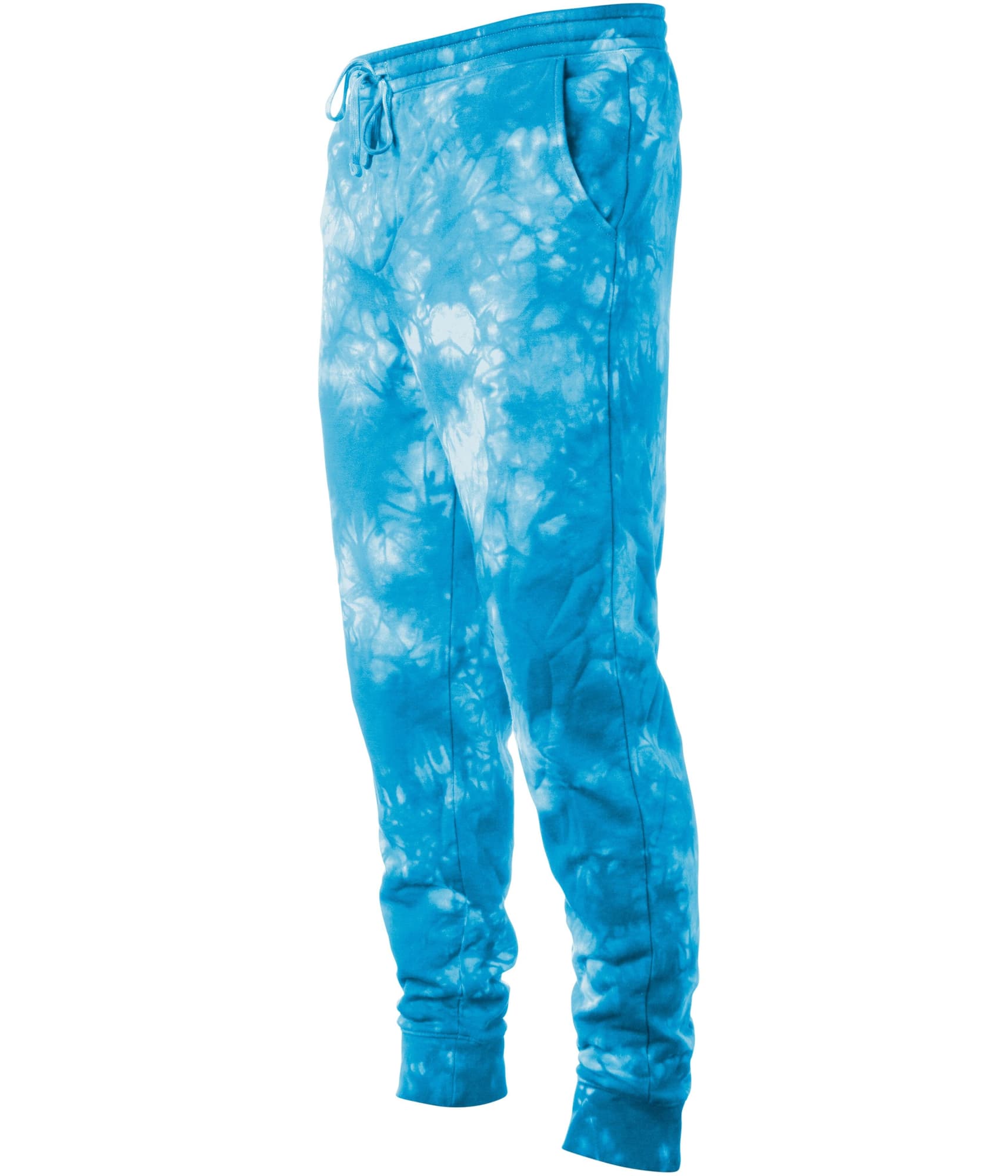 A pair of blue tie-dye sweatpants with a loose fit and pockets, featuring an elastic waistband. Mens Tie Dye Sweatpant - Image 1