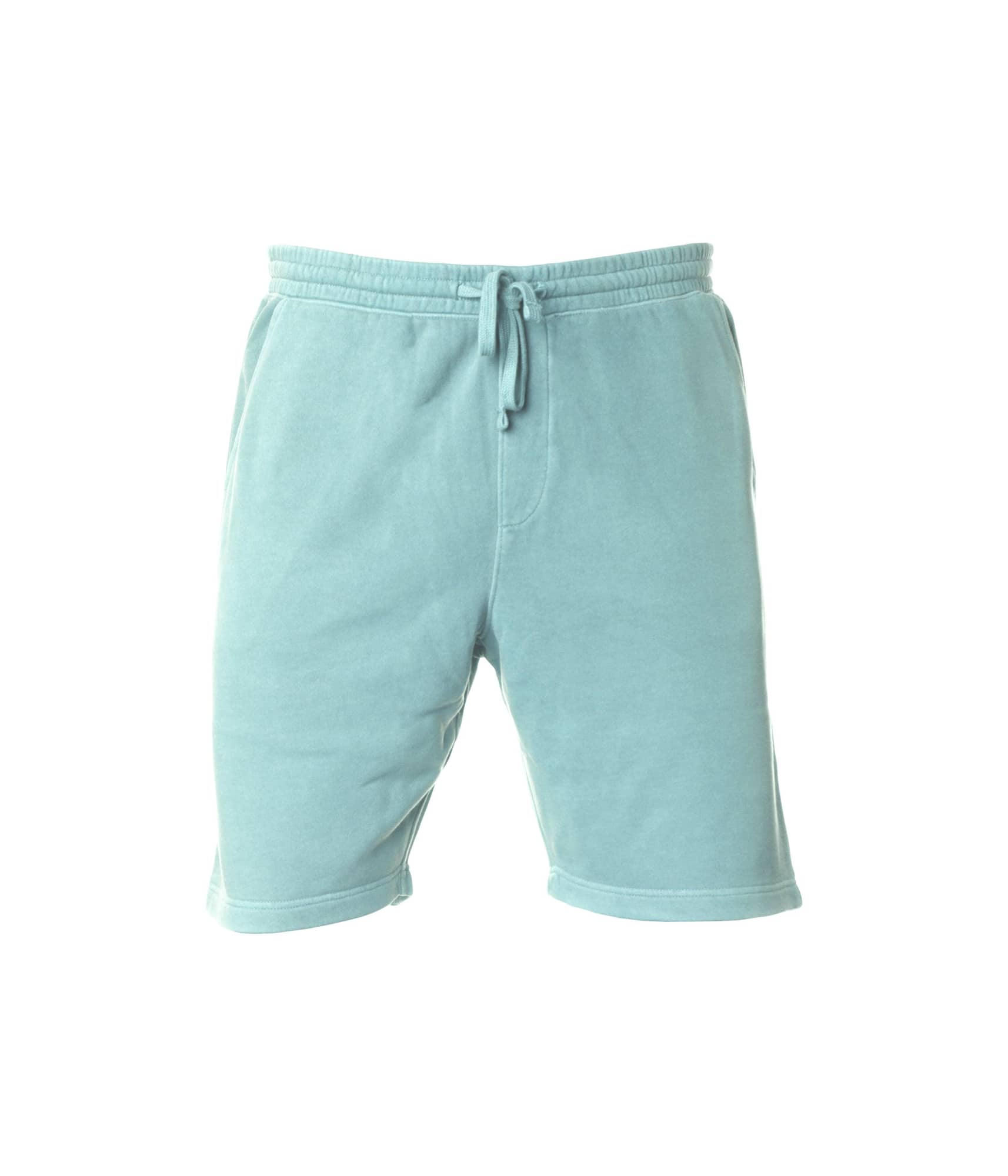 Light blue pigment-dyed sweatshorts featuring an elastic waistband and a drawstring. The shorts have a casual style. Mens Pigment Dye Sweatshort - Image 1