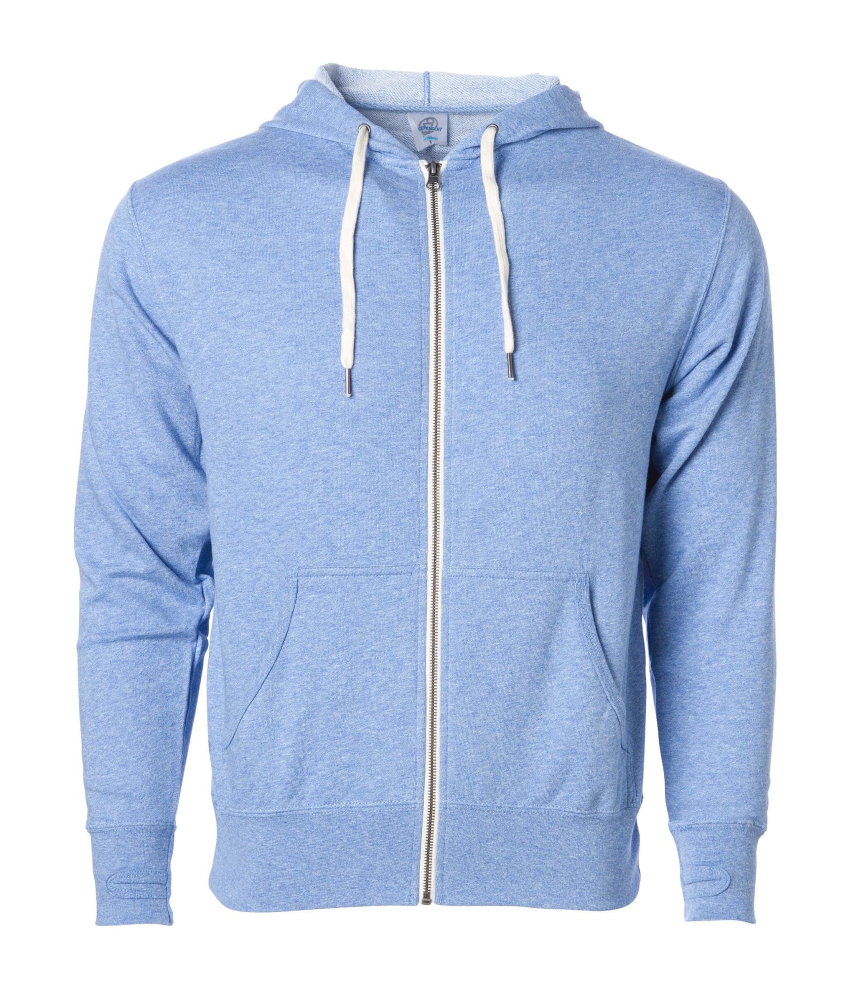 A light blue unisex fitted zip hoodie with a front zipper and drawstring hood, featuring pockets and a logo. Unisex Heather Fitted Zip - Image 1