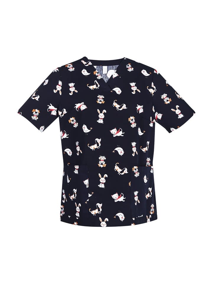 A navy scrub top featuring a fun print of various animals and characters, with a logo present on the garment. Womens Printed Best Friends Scrub Top - Image 1