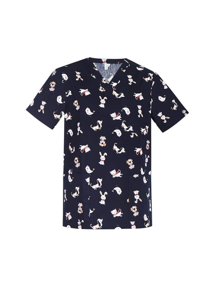 A navy scrub top with a printed pattern featuring cartoon animals, including bears and rabbits, and a logo. Mens Printed Best Friends Scrub Top - Image 1