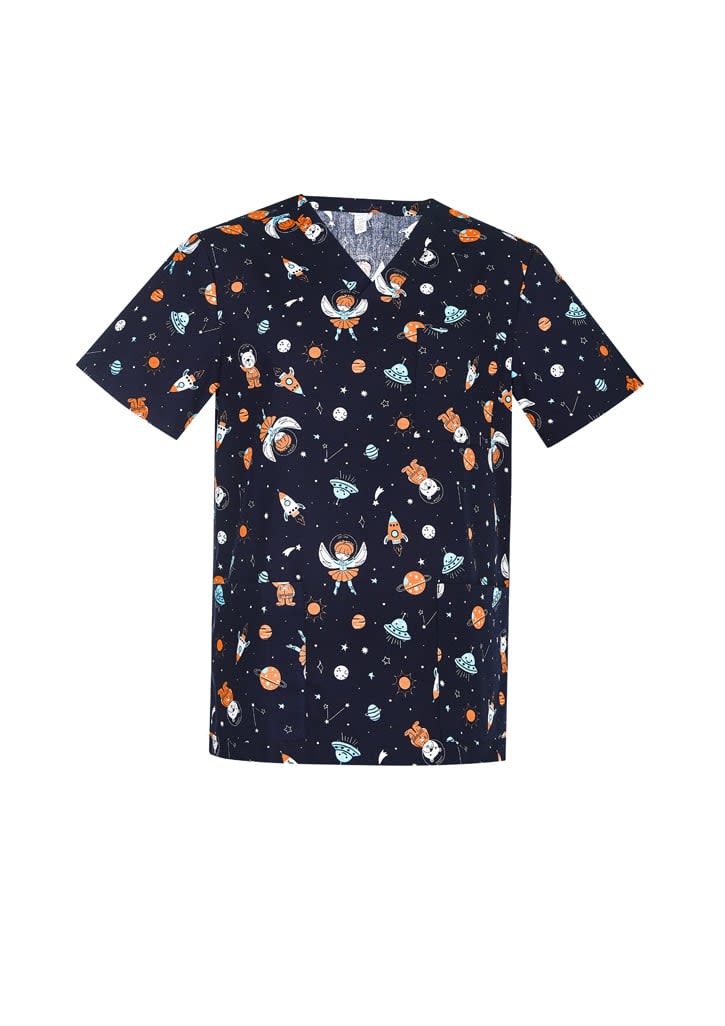 A navy scrub top featuring a fun space-themed print with planets, astronauts, and stars. It includes a logo. Mens Printed Space Party Scrub Top - Image 1