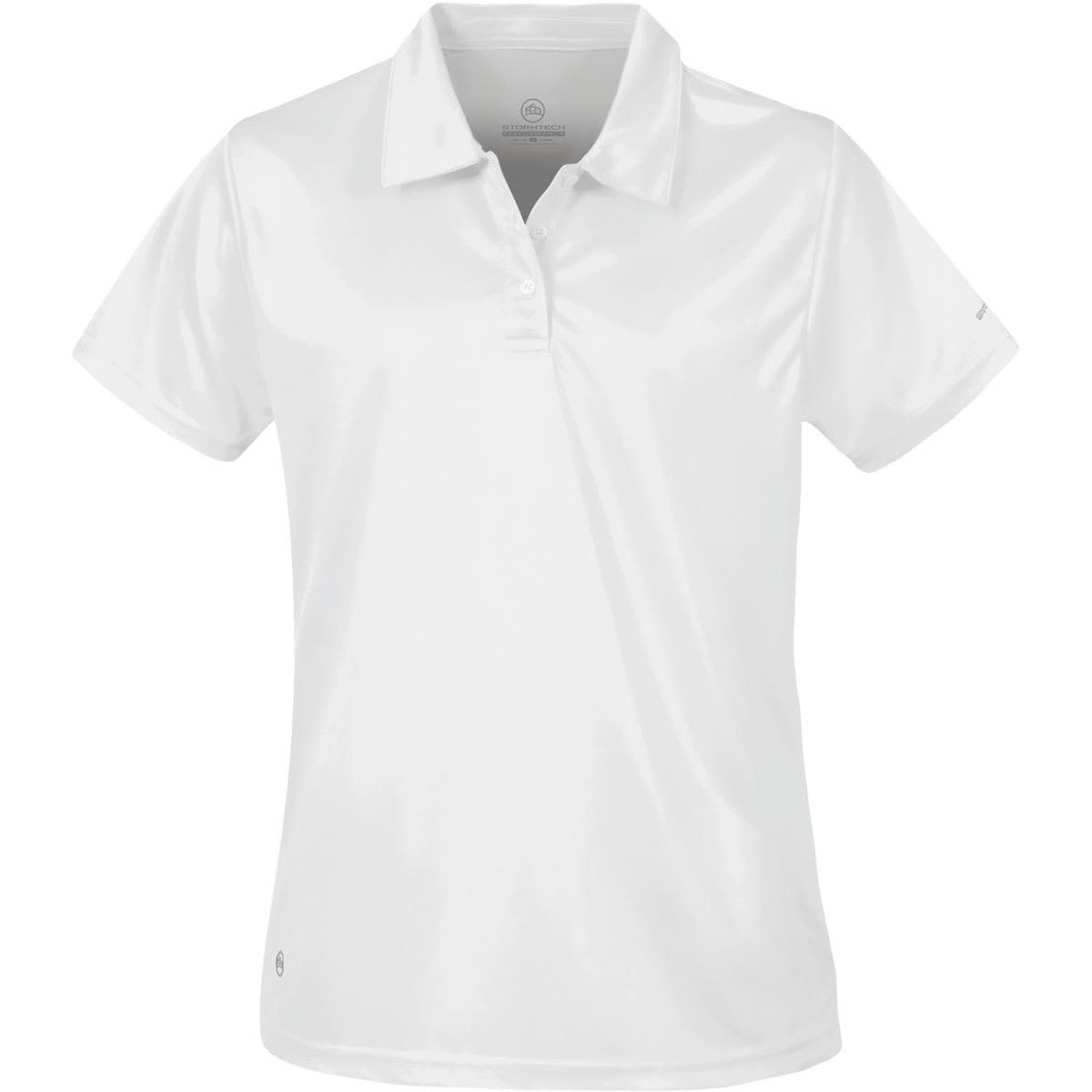 A white women's polo shirt with a collar and short sleeves, featuring a logo. Women's Apollo H2X-Dry Polo - Image 1