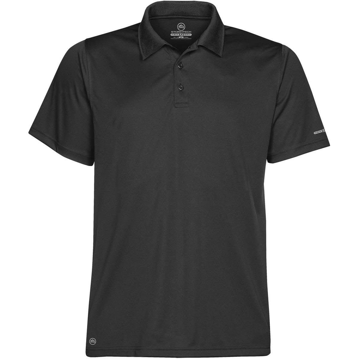A black polo shirt featuring a collar, button placket, and a small logo on the sleeve. Men's Phoenix H2X-Dry Polo - Image 1