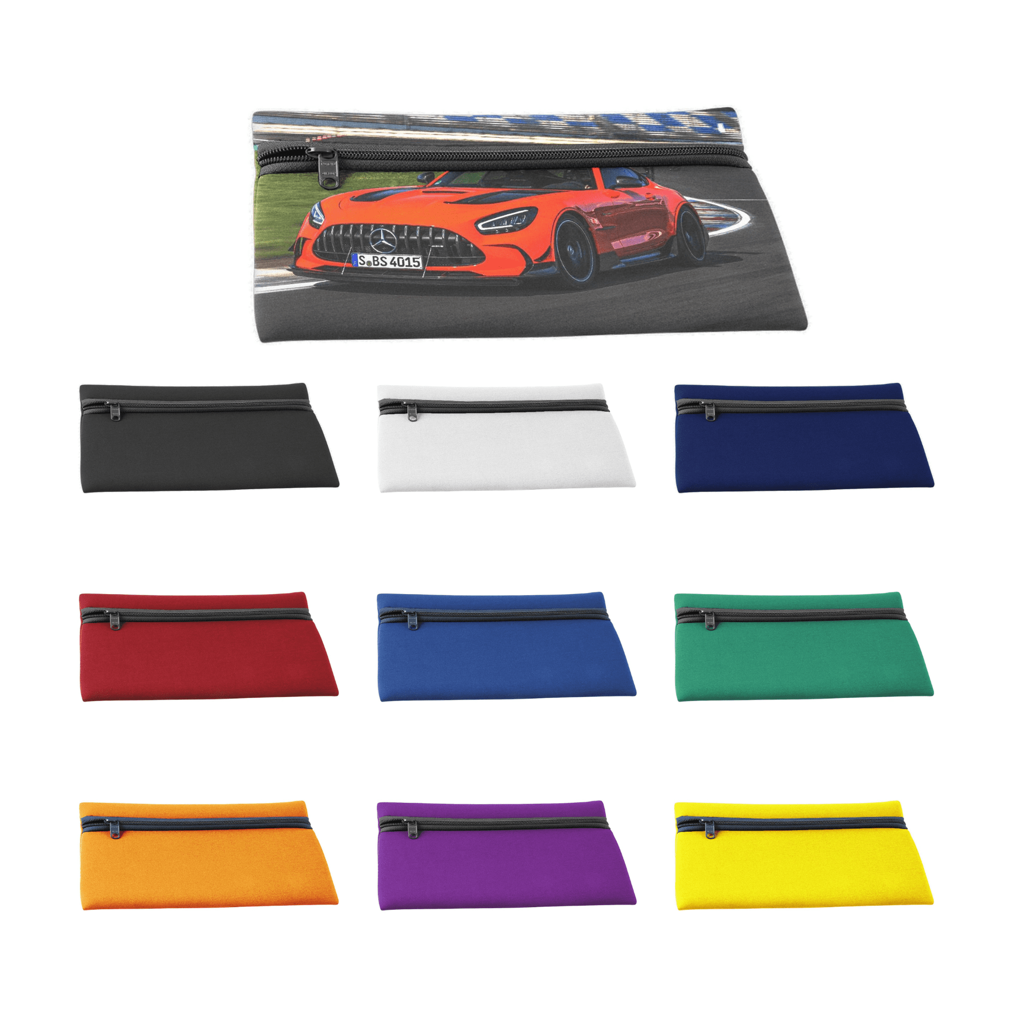 A neoprene pencil case featuring a sports car design, available in various colours including black, white, red, blue, green, orange, purple, and yellow. Neoprene Sublimated Pencil Case - Image 1