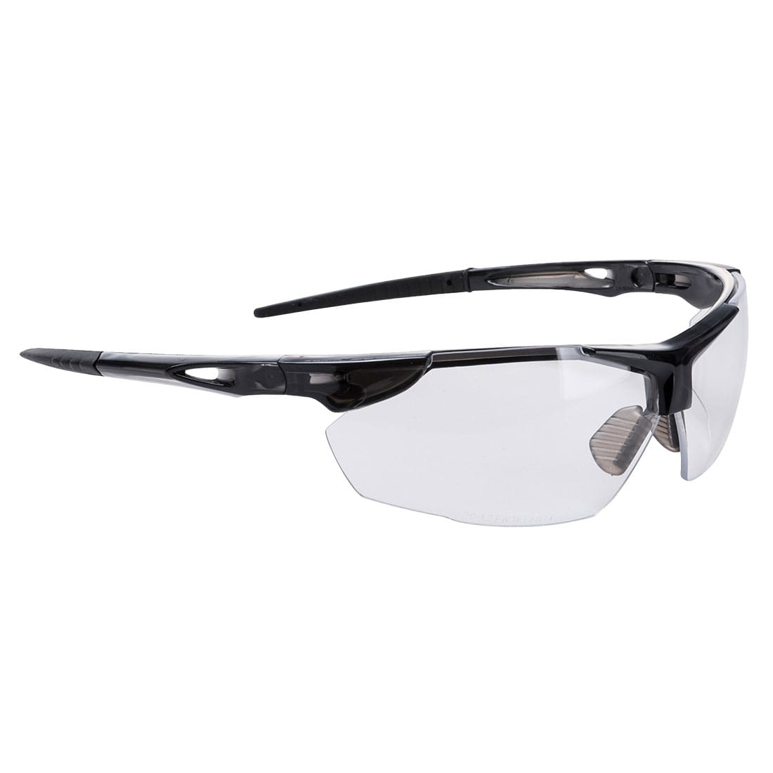 A pair of transparent safety spectacles with black frames and a sleek design. Features a logo on the side. Defender Safety Glasses - Image 1