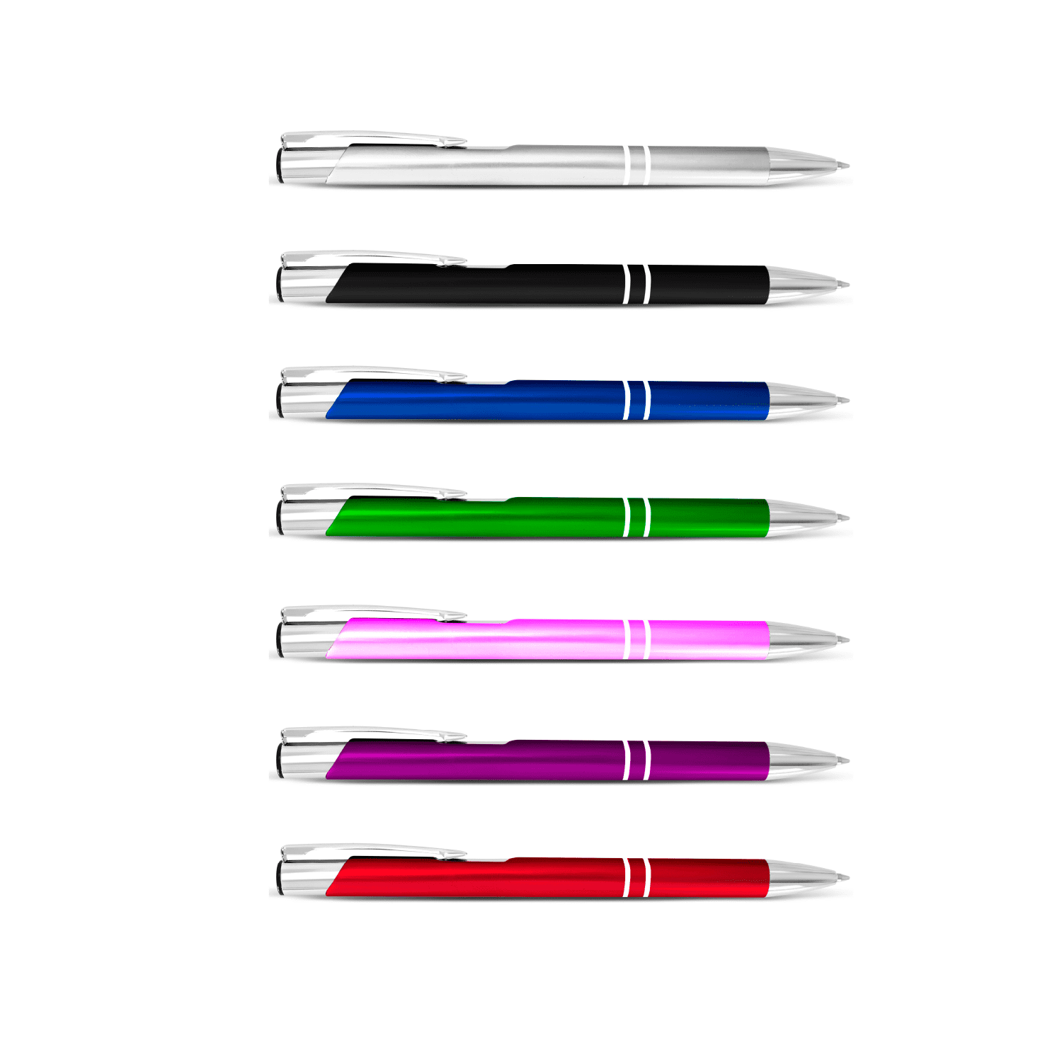 A selection of metal pens in black, blue, green, pink, purple, and red, featuring silver accents and a logo. Governor - Image 1