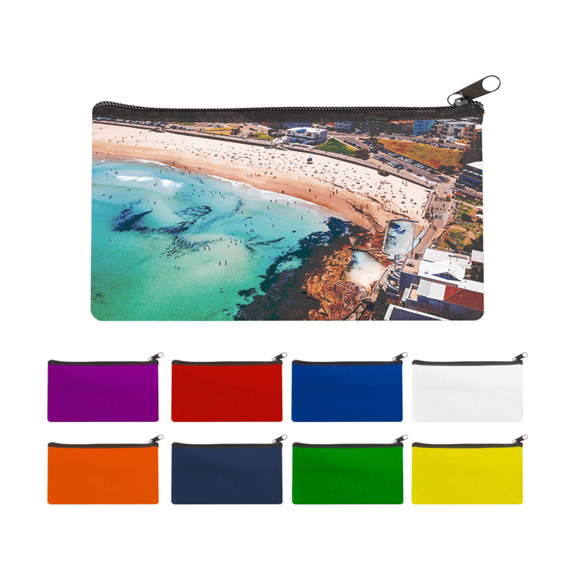 A large neoprene pencil case in multiple colours, featuring an aerial beach image on one side and a zip closure. Large Neoprene Sublimated Pencil Case - Image 1