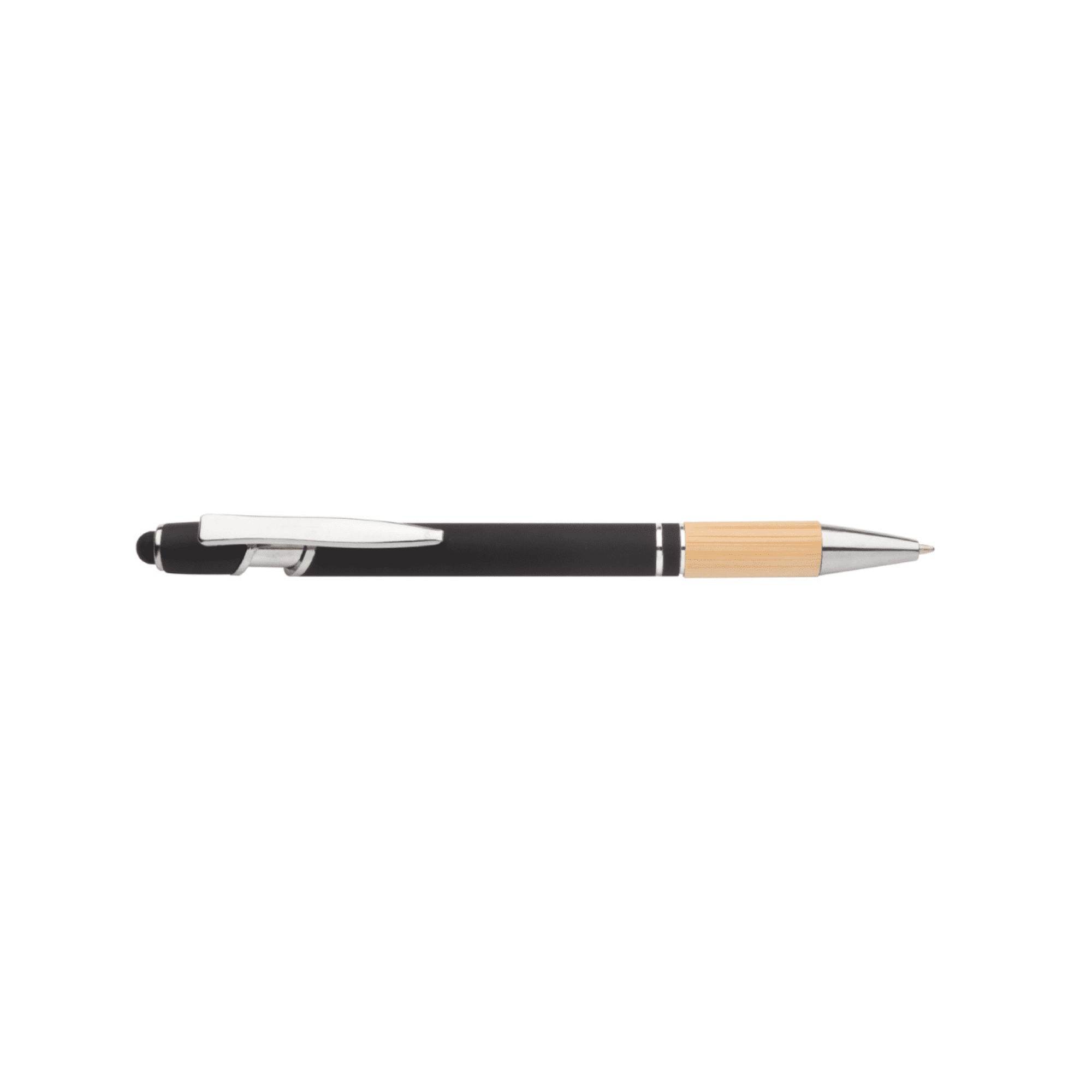 A black aluminium pen with a bamboo grip and silver accents, featuring a branding logo. Aluminium Pen with Bamboo Grip - Image 1
