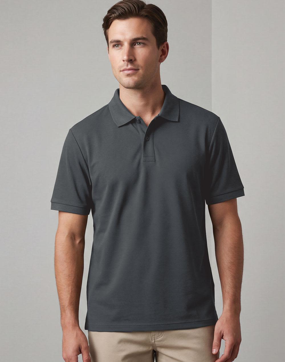 A men's short-sleeve polo shirt in dark grey, featuring a classic design and a logo on the chest. Men's Classic Cotton/Poly Pique S/S Polo - Image 1