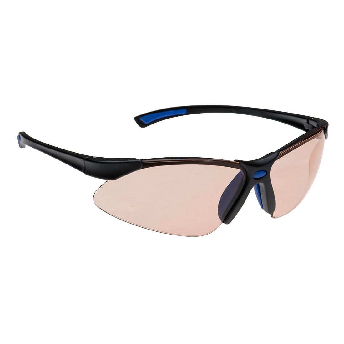 Blue light blocking spectacles with a black frame and amber-tinted lenses, featuring blue accents on the sides. Blue Light Blocker Safety Glasses - Image 1