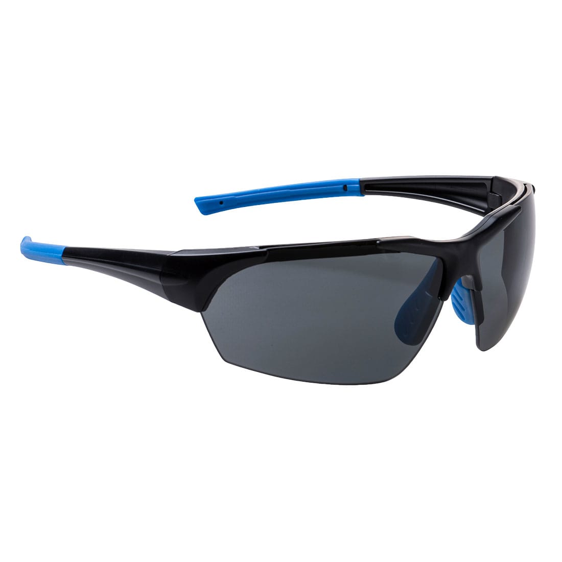 A pair of black sunglasses with blue accents and dark lenses, featuring a sleek design and a logo on the side. Polar Star Safety Glasses - Image 1