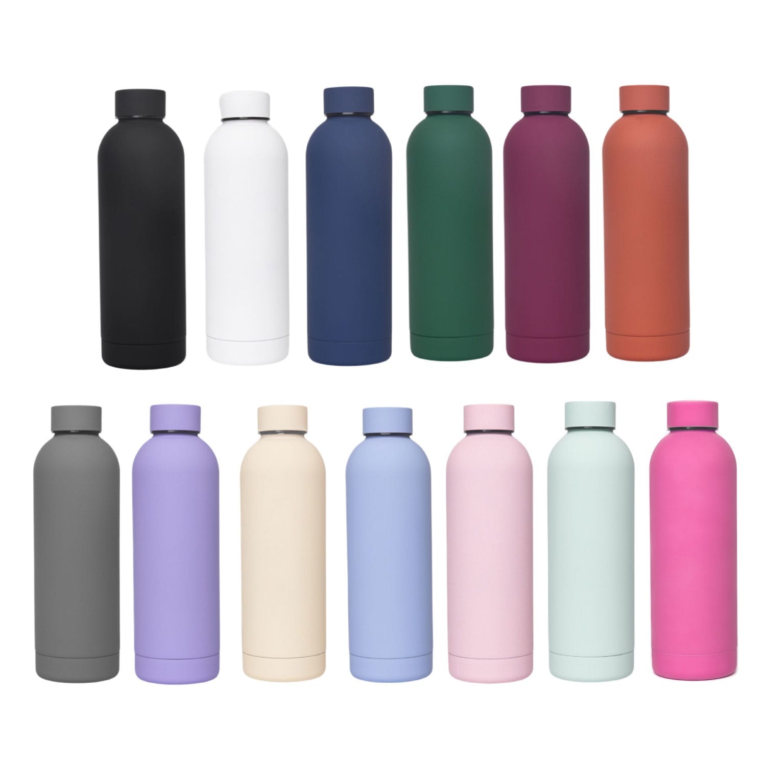 A drink bottle collection featuring 12 thermoses in various colours, including black, white, navy, green, purple, and pastel shades. Brit Bottle - 500ML Double Wall - Image 1