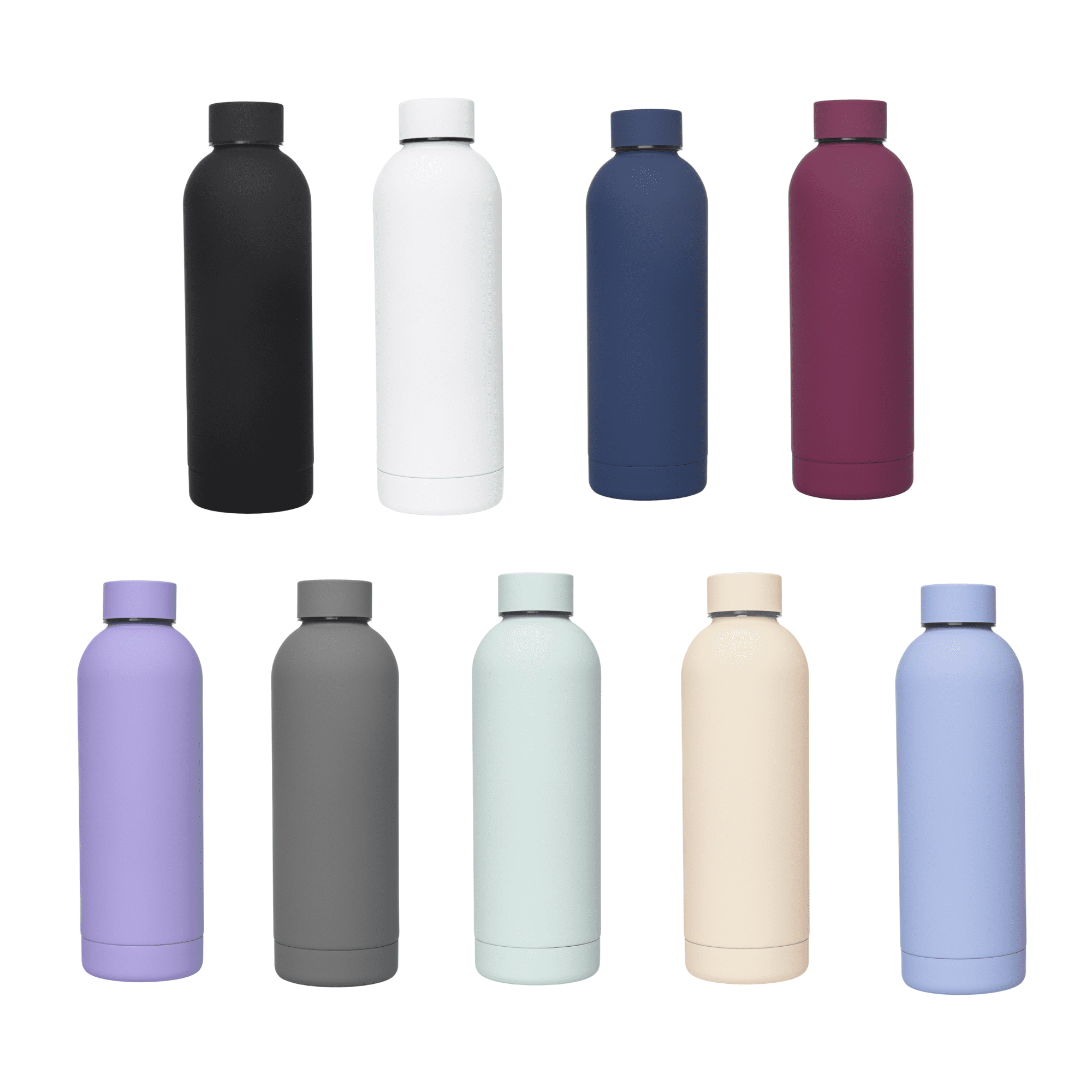 A drink bottle collection featuring ten single-wall bottles in black, white, navy, burgundy, lavender, grey, mint, and cream colours, with logos. Brit Bottle - 750Ml Single Wall - Image 1
