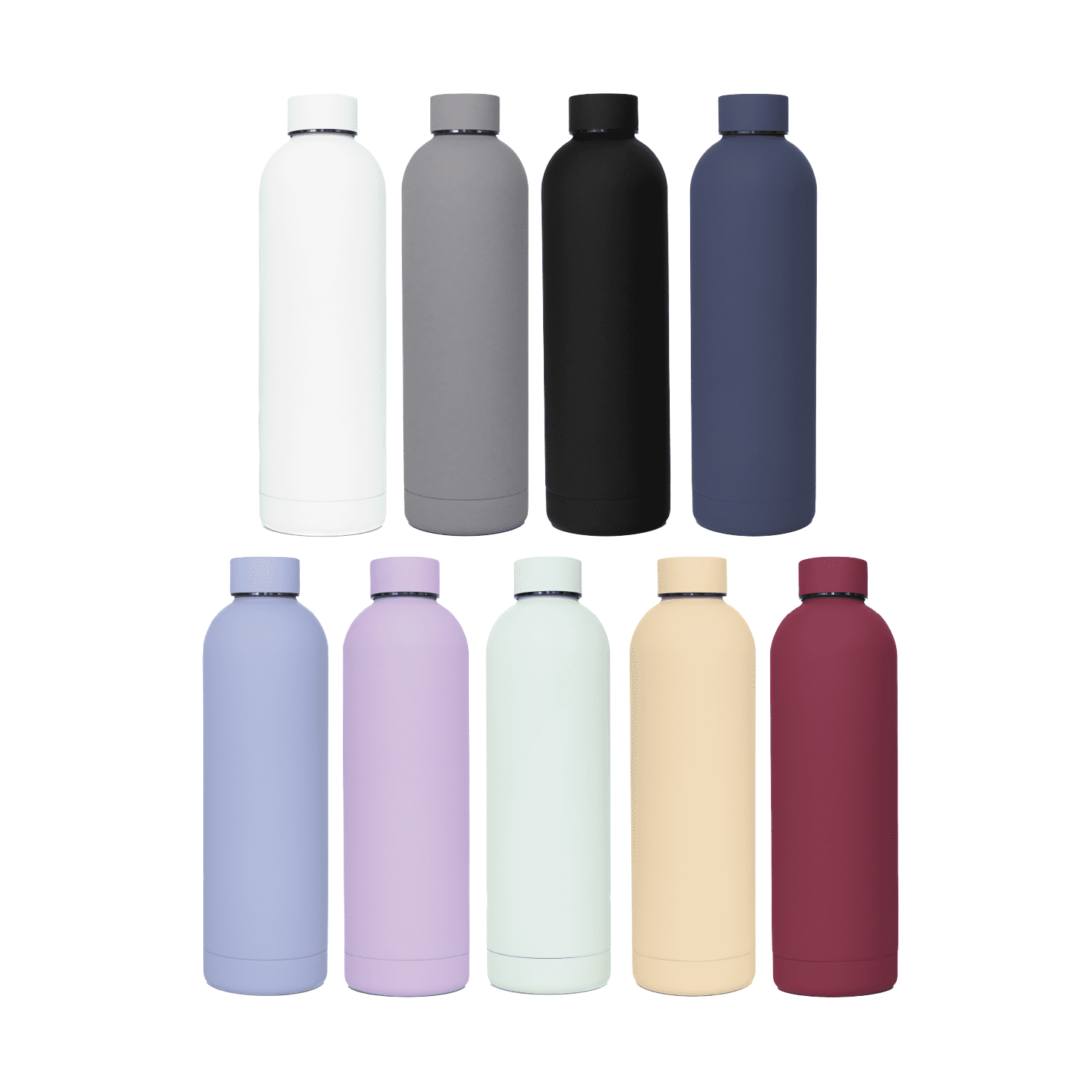 A drink bottle collection featuring various colours: white, grey, black, navy, lavender, pale blue, peach, and burgundy. Each bottle has a sleek design and a logo. Brit Bottle - 750Ml Double Wall - Image 1