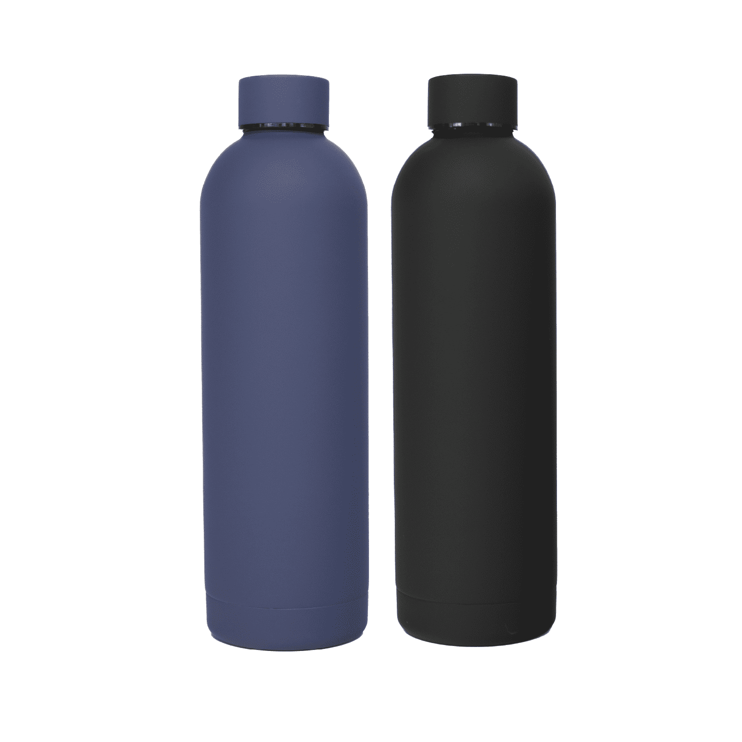 A drink bottle set featuring a blue single-walled bottle and a black single-walled bottle, both 1L in size. Brit Single Walled Bottle - 1L - Image 1
