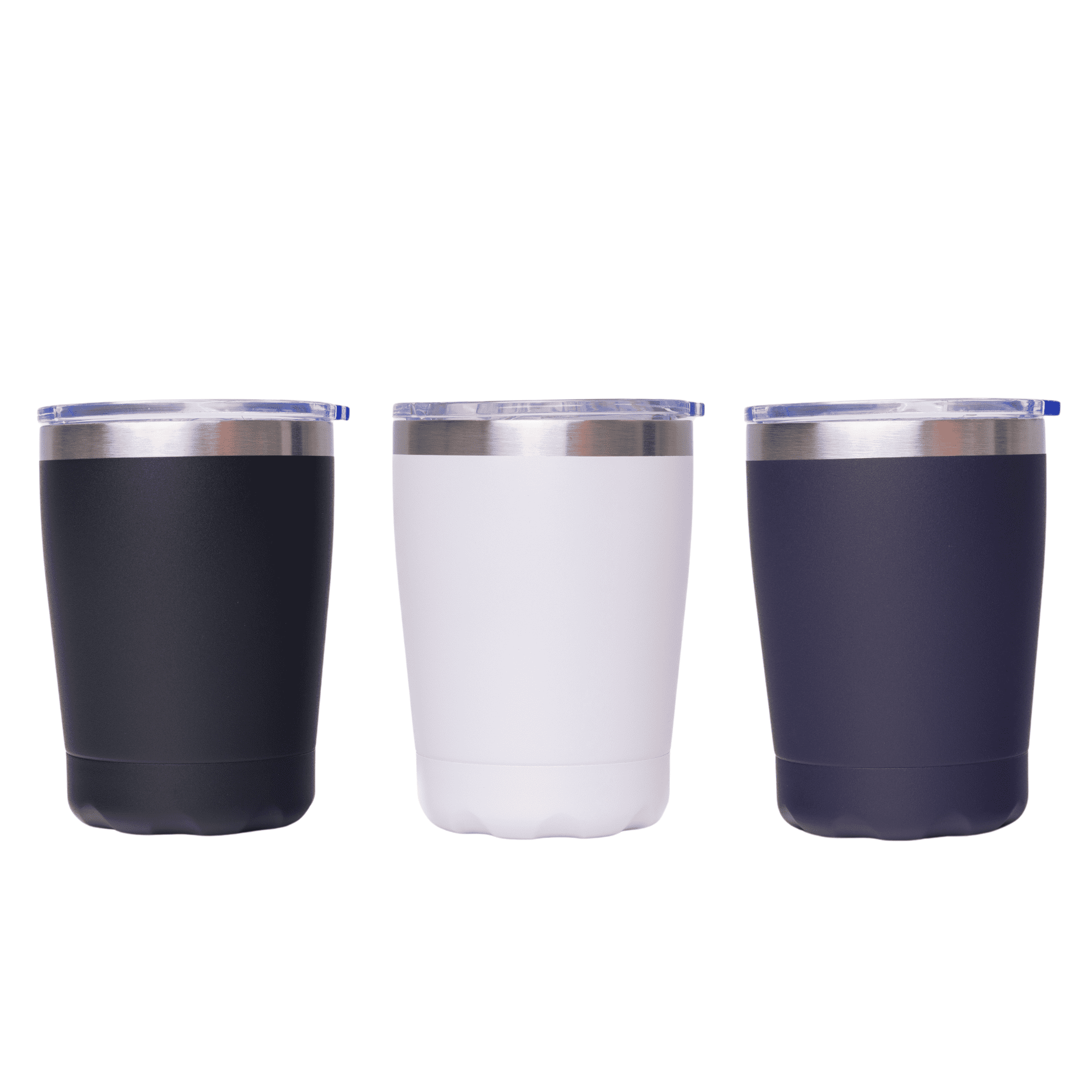 A drink bottle set featuring three tumblers in black, white, and dark navy, each with a stainless steel lid and a logo. Banks Tumbler 300ml - Image 1